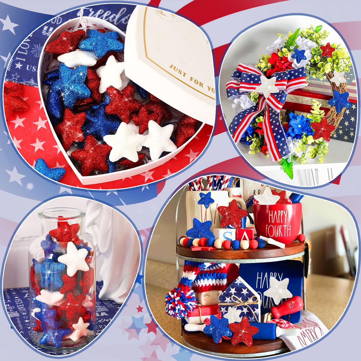 JUNEBRUSHS 4th of July Decorations, 108 Pcs Glitter Puffy Star Picks Foam Star Stems Red White and Blue Artificial Stem Flowers for Patriotic Wreath Table Centerpieces Decoration