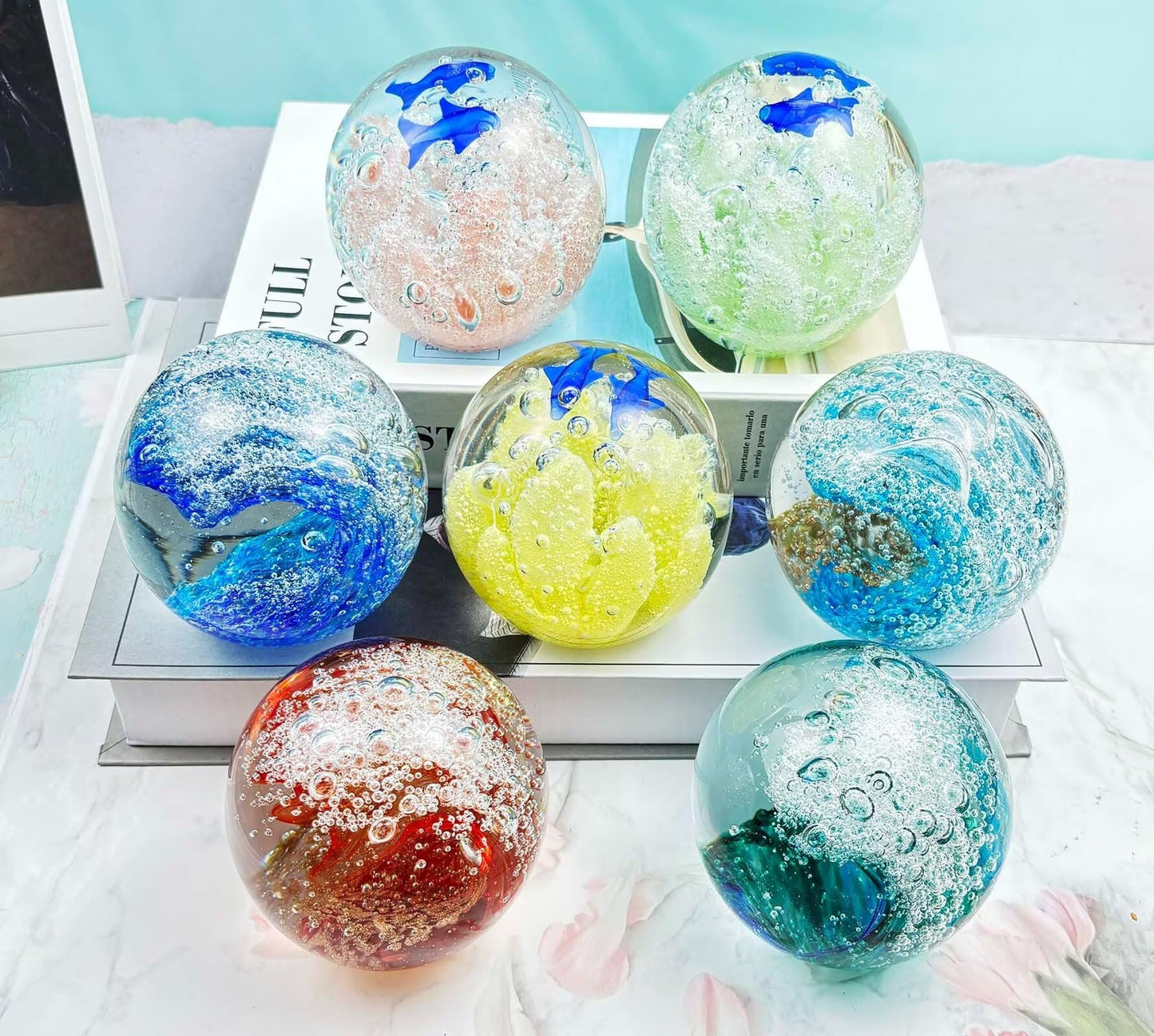 FZBHRO Decorative Crystal Ball Figurines Ocean Waves Paperweight Blown Glass Decor Sea Art Ocean Lovers Gift Blue Amber 3.15"