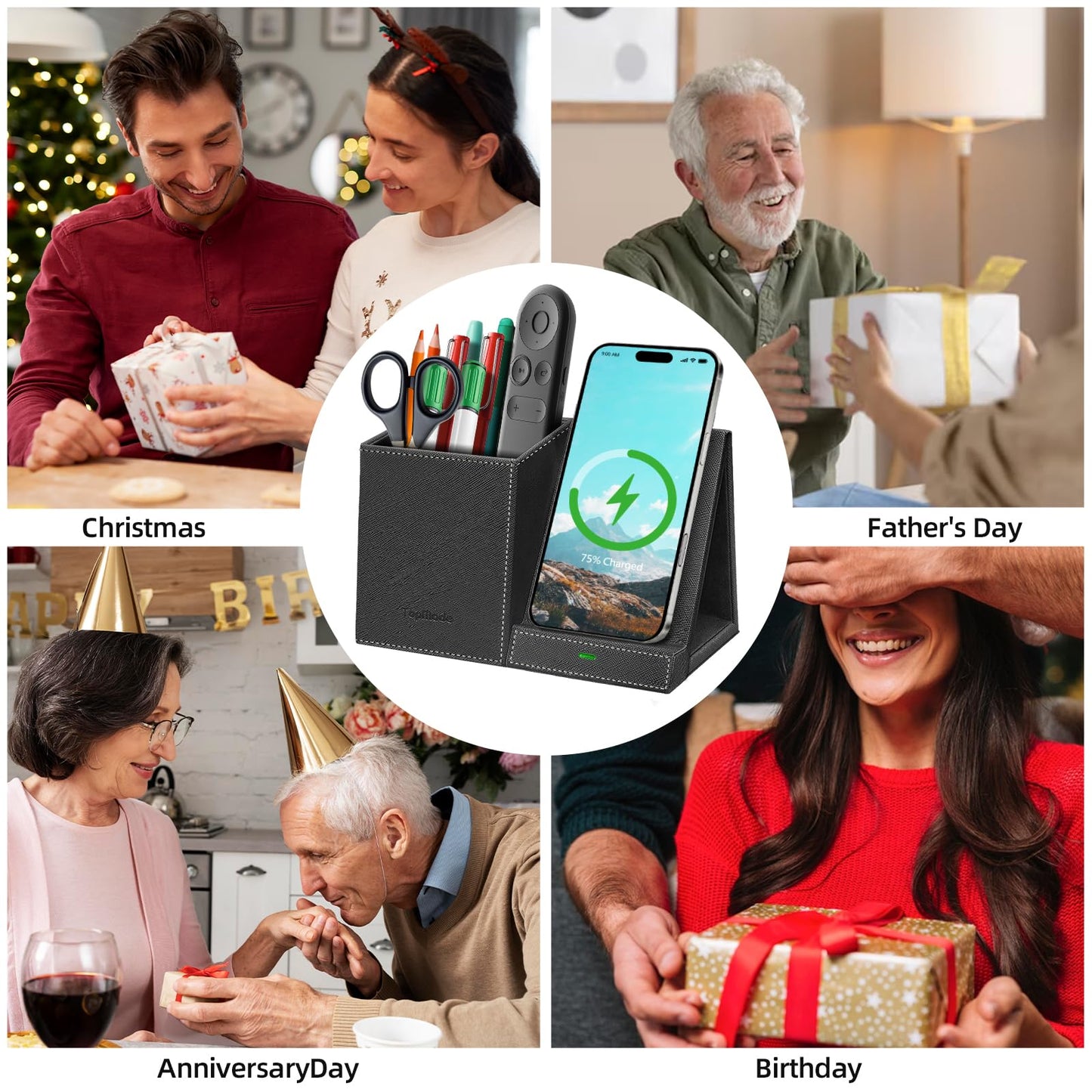 TopMade Wireless Charger with Pen Pencil Holder, Leather Mltifunctional Desk Nightstand Organizer, Fast Charging Station Remote Control Holder, Office Supplies Desk Accessories, Gifts for Men(Black)