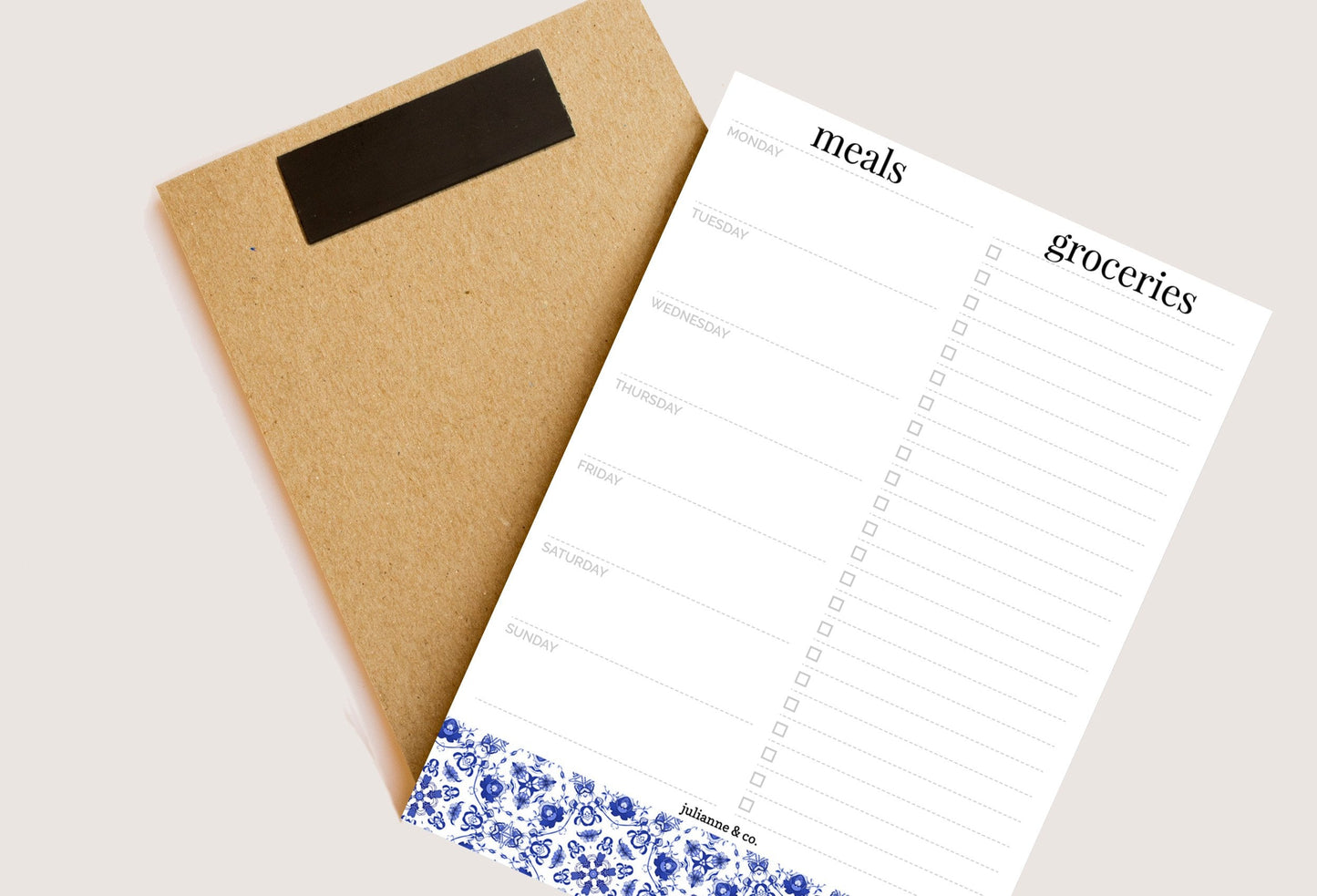 Weekly Magnetic Meal Planner Notepad By Julianne & Co - Food Planning Organizer And Grocery List Pad, 52 Premium A5 Pages, with Tear Away Perforated Shopping List (Blue China Print WITH Fridge Magnet)