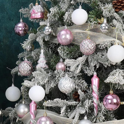 124Ct Pink White and Silver Christmas Ornaments Set,Shatterproof Assorted Christmas Decorations for Xmas Tree Snowflake Icicle House Ball Ornaments Baubles for Holiday Party(Pink White Silver)