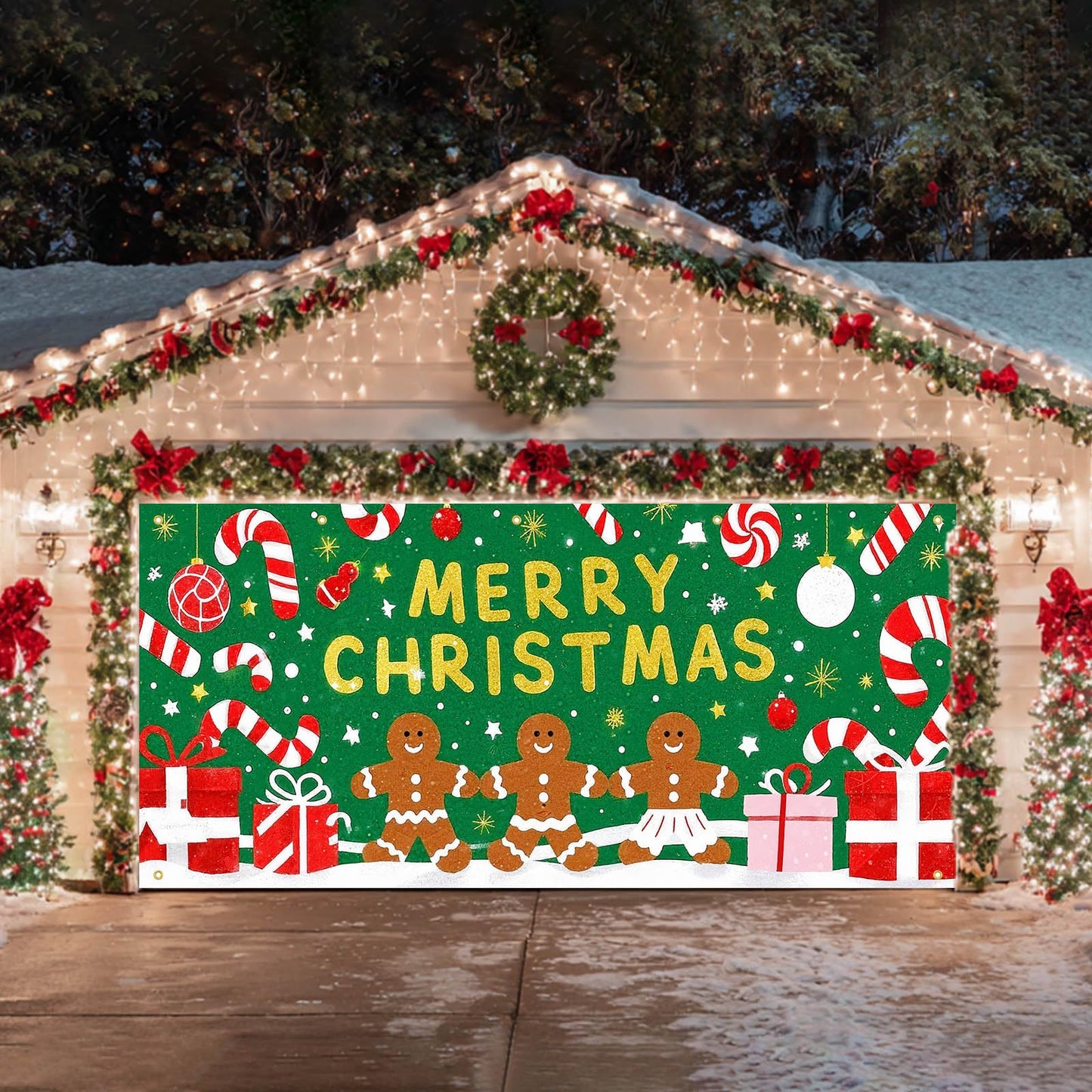 HOMETITUTE Merry Christmas Gingerbread Man Garage Door Banner 13x6ft Green Background Candy Gift Boxes Snowflakes Baubles Holiday Yard Display Photo Backdrop Outdoor Seasonal Decoration