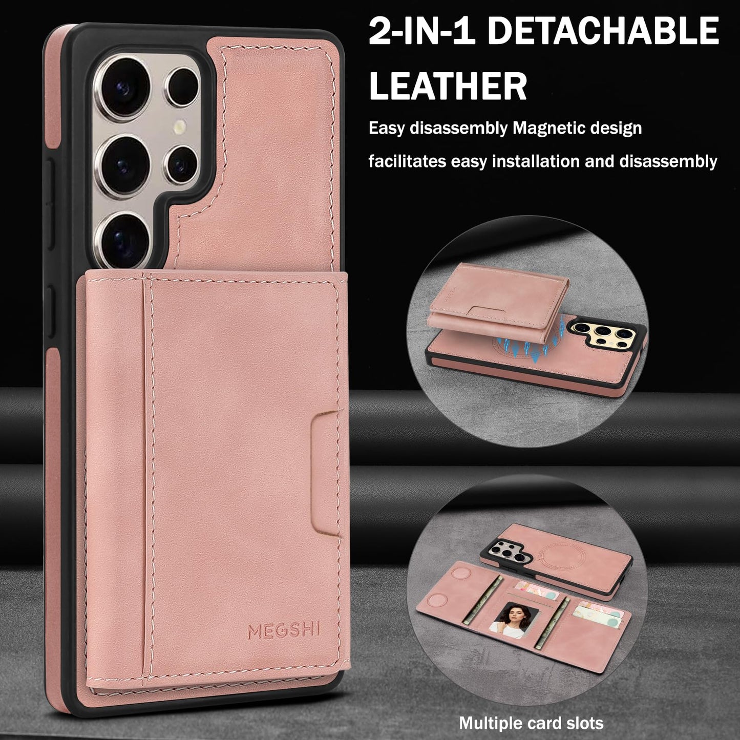 Godzoen for Samsung Galaxy S25 Ultra Wallet Case, 2-in-1 Detachable Magnetic Wallet Case, Card Holder RFID Blocking, Fashionable Faux Leather Card Slot & Folding Design (Pink)