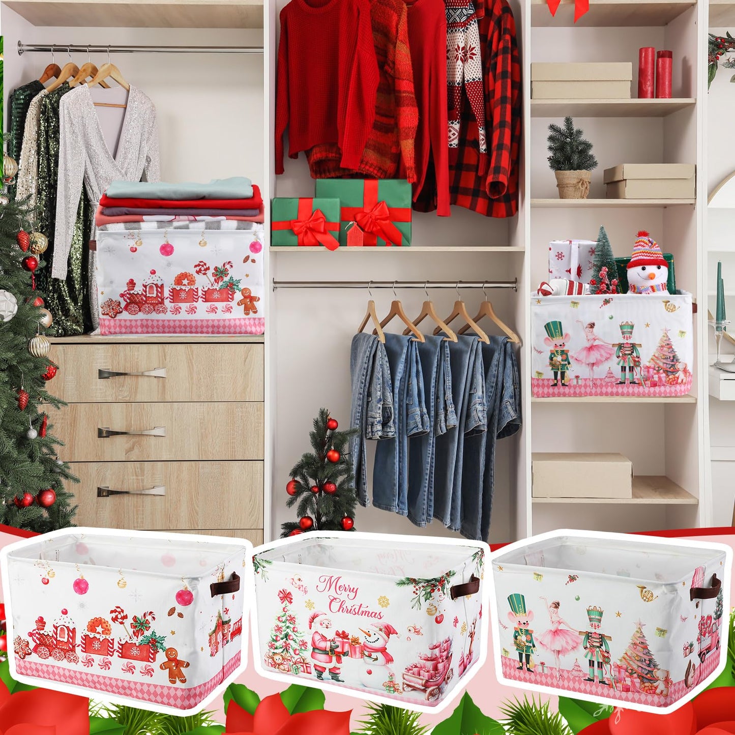 Geelin 3 Pcs Large Christmas Baskets 15 x 11 x 9.5 Inch Empty Xmas Storage Bin with Handles Collapsible Waterproof Extra Big Foldable Gift Basket for Office Home Bedroom Cloth Toy Gift(Rustic)