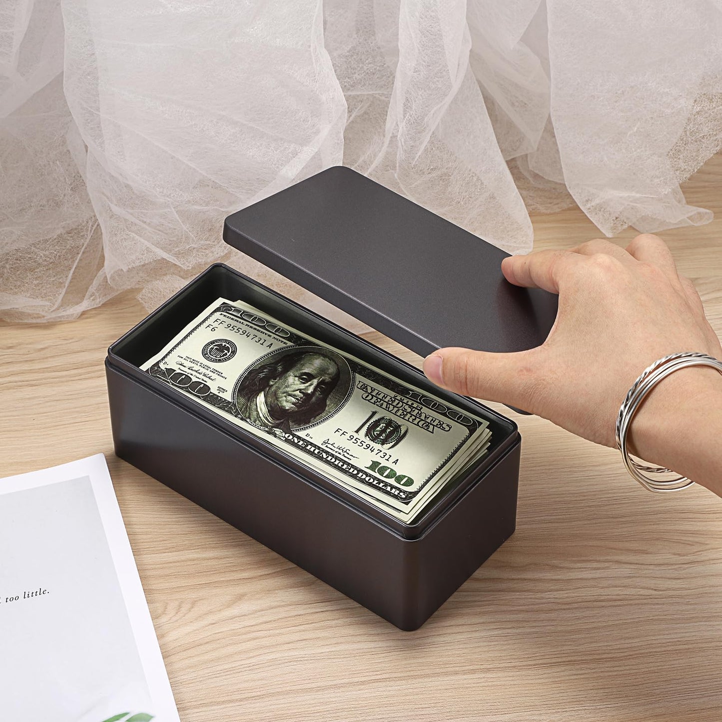 Hipiwe 2 Packs Black Metal Cash Box Rectangular Money Organizer with Lid Currency Storage Box Empty Box Container for Coin Bill Dollar Stamp Jewelry