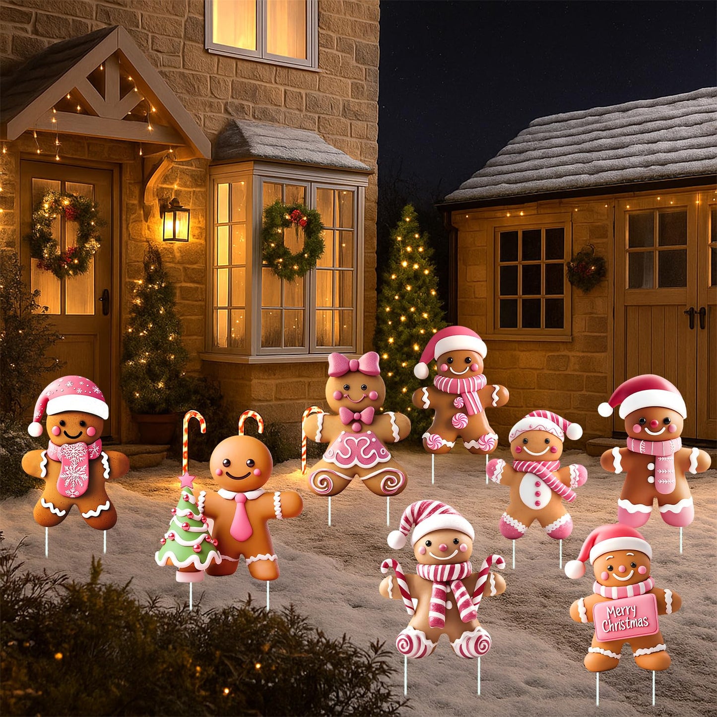 Memorywuu 8 Pcs Christmas Gingerbread Man Yard Signs with Stakes Outdoor 3D Gingerbread House Decoration Xmas Yard Stakes Lawn Signs for Christmas Holiday Pathway Garden Patio Party Favors (Elegant)