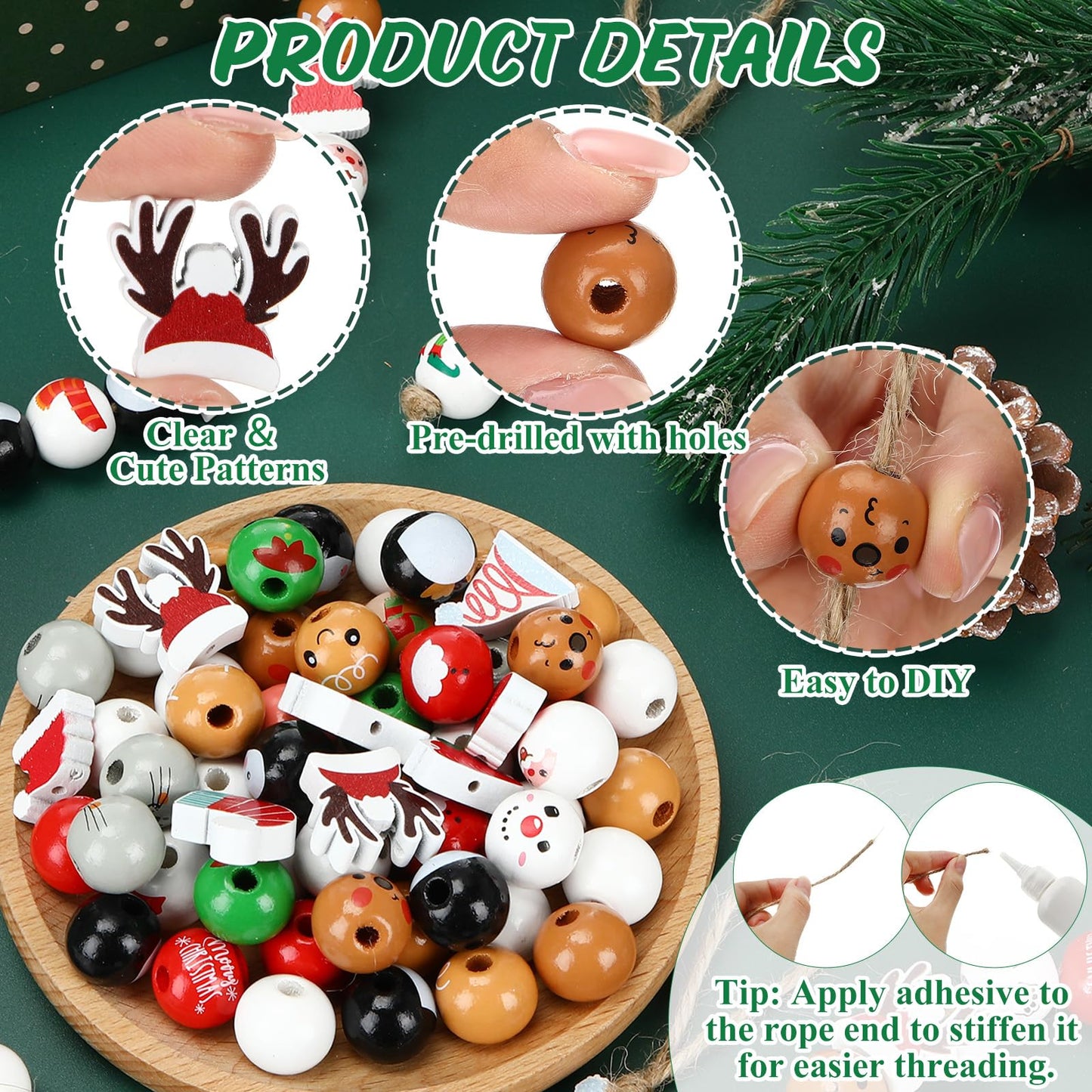 Geelin 300 Pcs Christmas Wood Beads with Twine - Santa Gingerbread Snowman Winter Animals Wooden Round Bead for Hanging Ornaments DIY Crafts Garland Holiday Tree Decor(Classic Christmas)