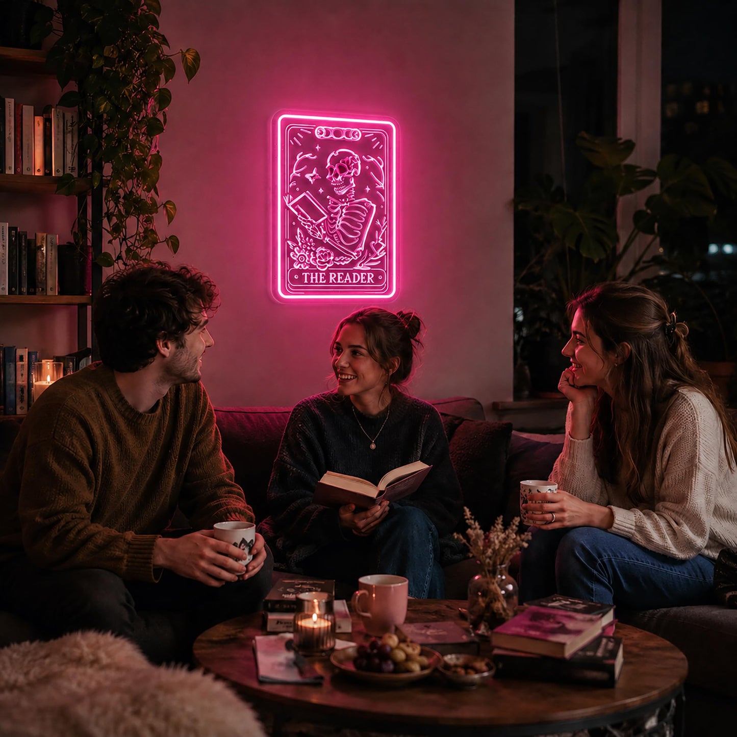 Whfobfe Pink Neon Sign Led Neon Lights Signs for Wall Decor USB Powered Led Signs for Room Decoration-Skeleton Reading Book