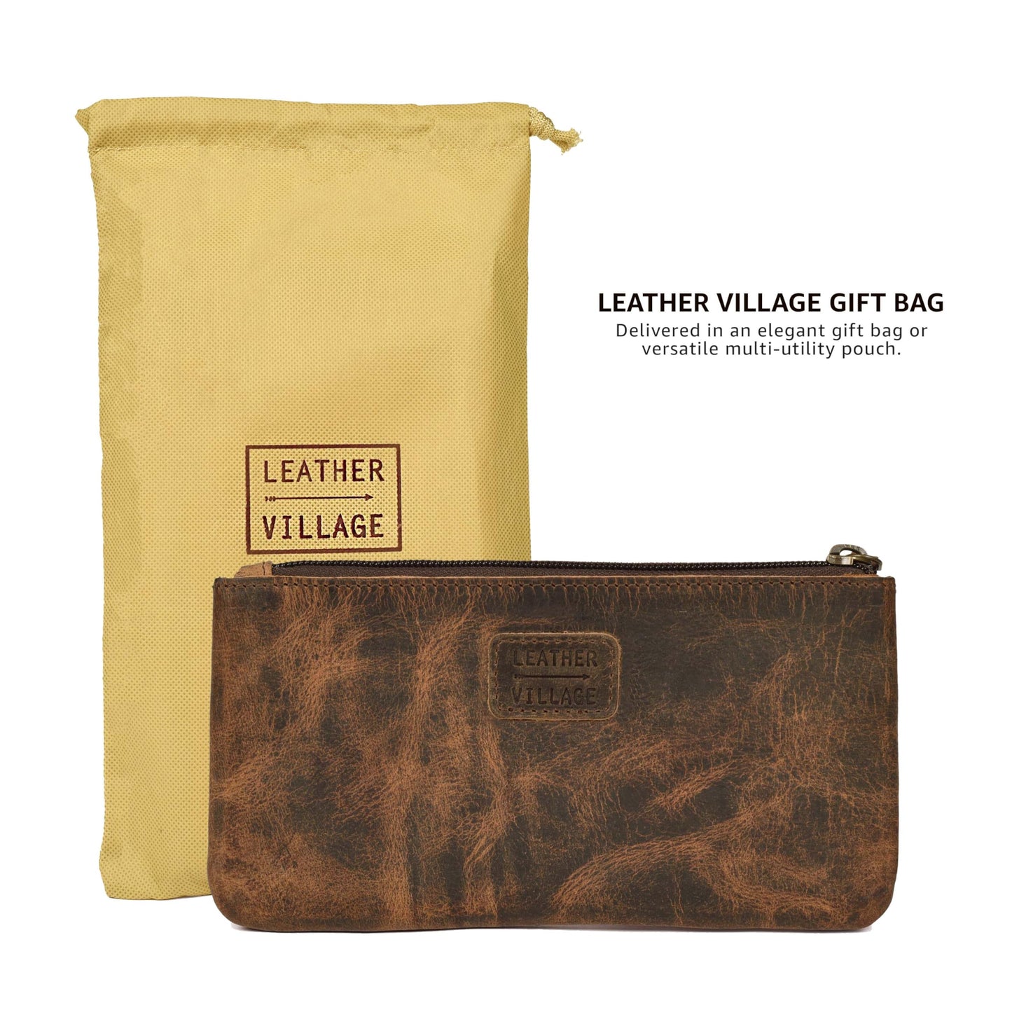 LEATHER VILLAGE Leather Pencil Pouch Pen Case - Rustic/Vintage Brown - 8"X4"- Double Pocket - Elegant and Practical Zipper Pouch Holder for Artists, Men, and Women