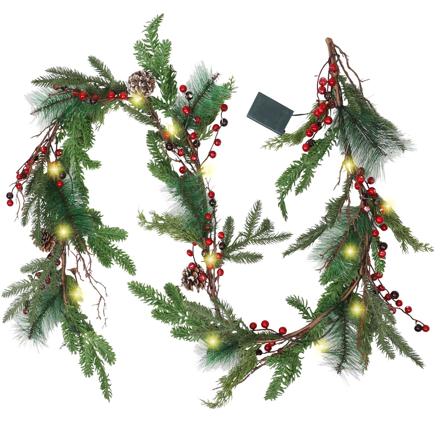 winemana 6 FT Pre-lit Artificial Christmas Garland with 20 LED Lights, Battery Powered with Pine Cones, Red Berries, Pine Needles, Lighted Christmas Garlands for Fireplace Mantle Holiday Decorations