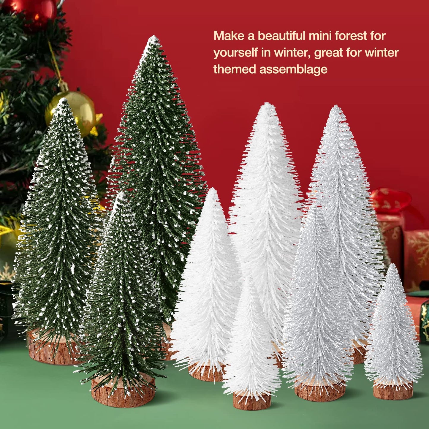 9Pcs Mini Bottle Brush Christmas Trees in 4 Sizes - Green, Silver, White Table Decorations