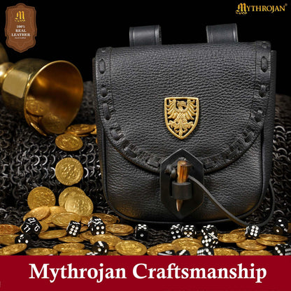 Mythrojan Leather Belt Pouch Medieval Genuine Leather Bag with Raven Decoration Accessories Pouch Viking Belt Coin Bag Renaissance Bag for Larp Fantasy Events, Ren Faire, Halloween-Black