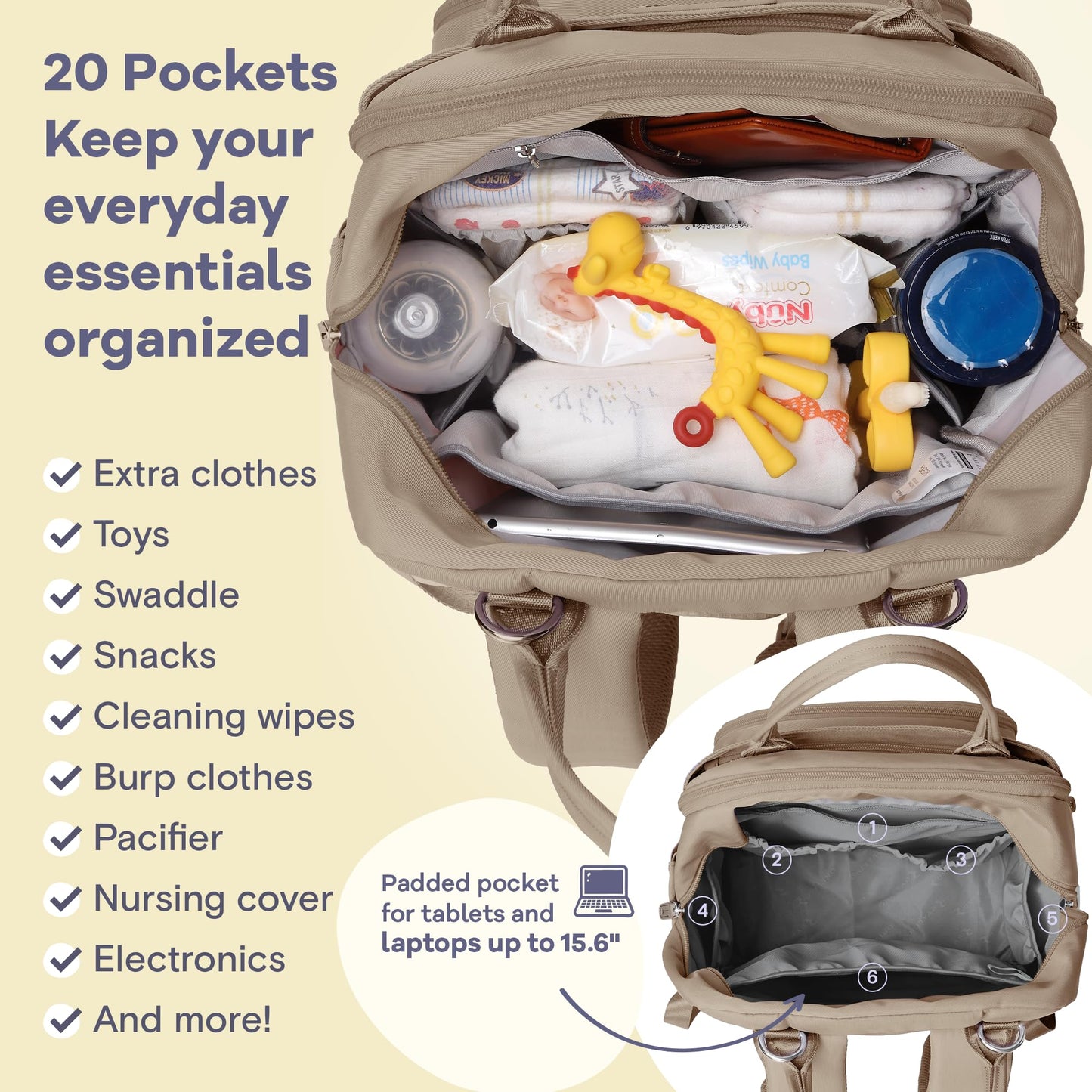 RUVALINO Diaper Bag Backpack-Multifunction Baby Travel Bag with Changing pad, Insulated Bottle Holders & Pacifier Case, Large Capacity, Waterproof, Clay