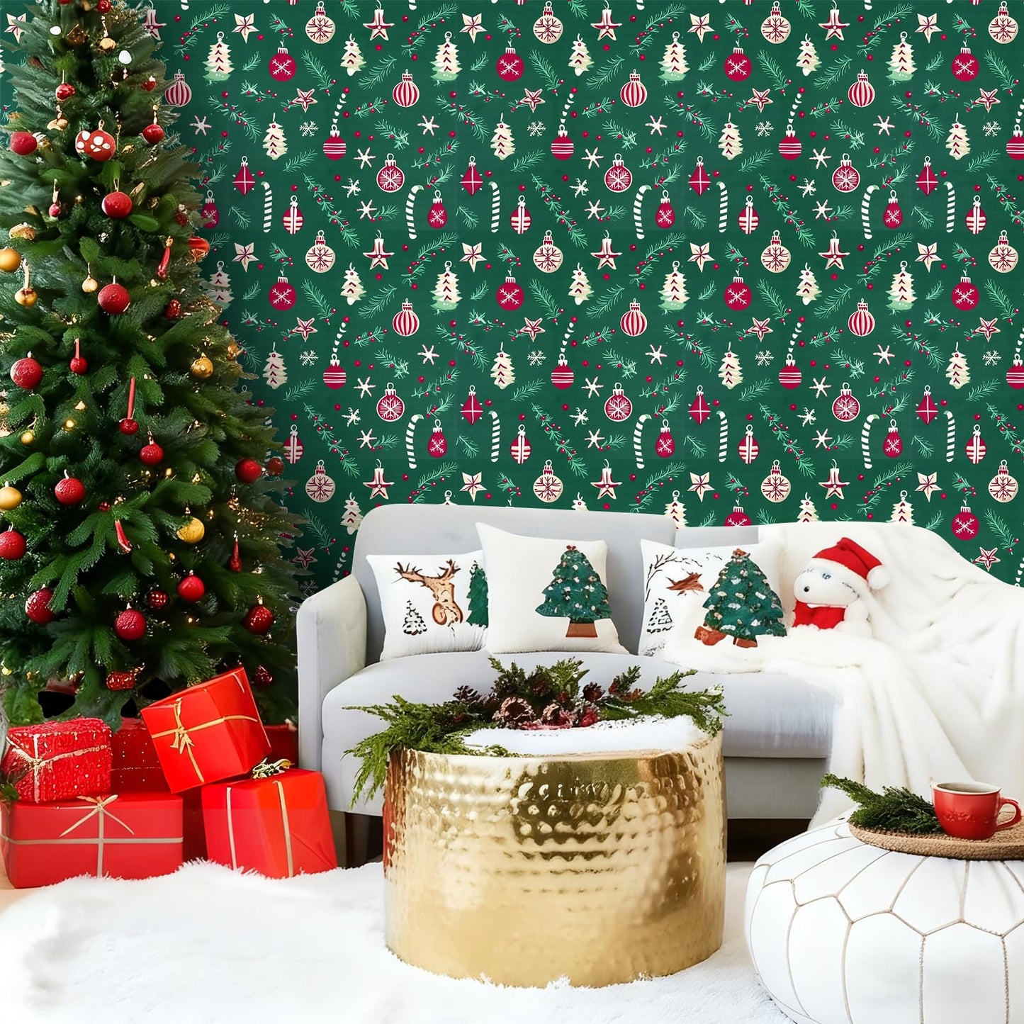 Peel and Stick Wallpaper Christmas Trees, Ornaments & Candy Canes Contact Paper Holiday Removable Self Adhesive Vinyl Christmas Decor Wall Paper for Living Room Kitchen Bedroom 17" x 196.8"