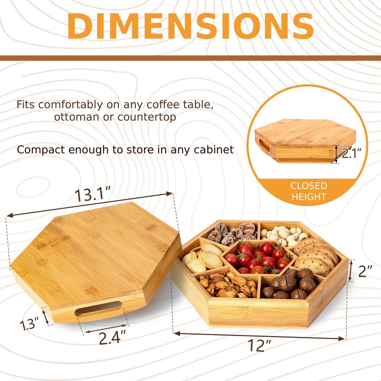 Snack and Serving Tray Set – 13" Divided Bamboo Appetizer Platter for Dry Fruit, Nuts, Cheese and Charcuterie (Bamboo, 13"x11")