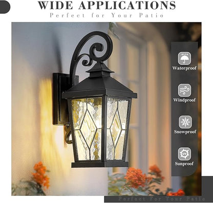 Emliviar Outdoor Porch Light 16 Inch, Farmhouse Wall Mount Fixture with Water Glass Shade, Matte Black Carriage Light for House, Yard, Garden, Patio, WE301B-SD BK