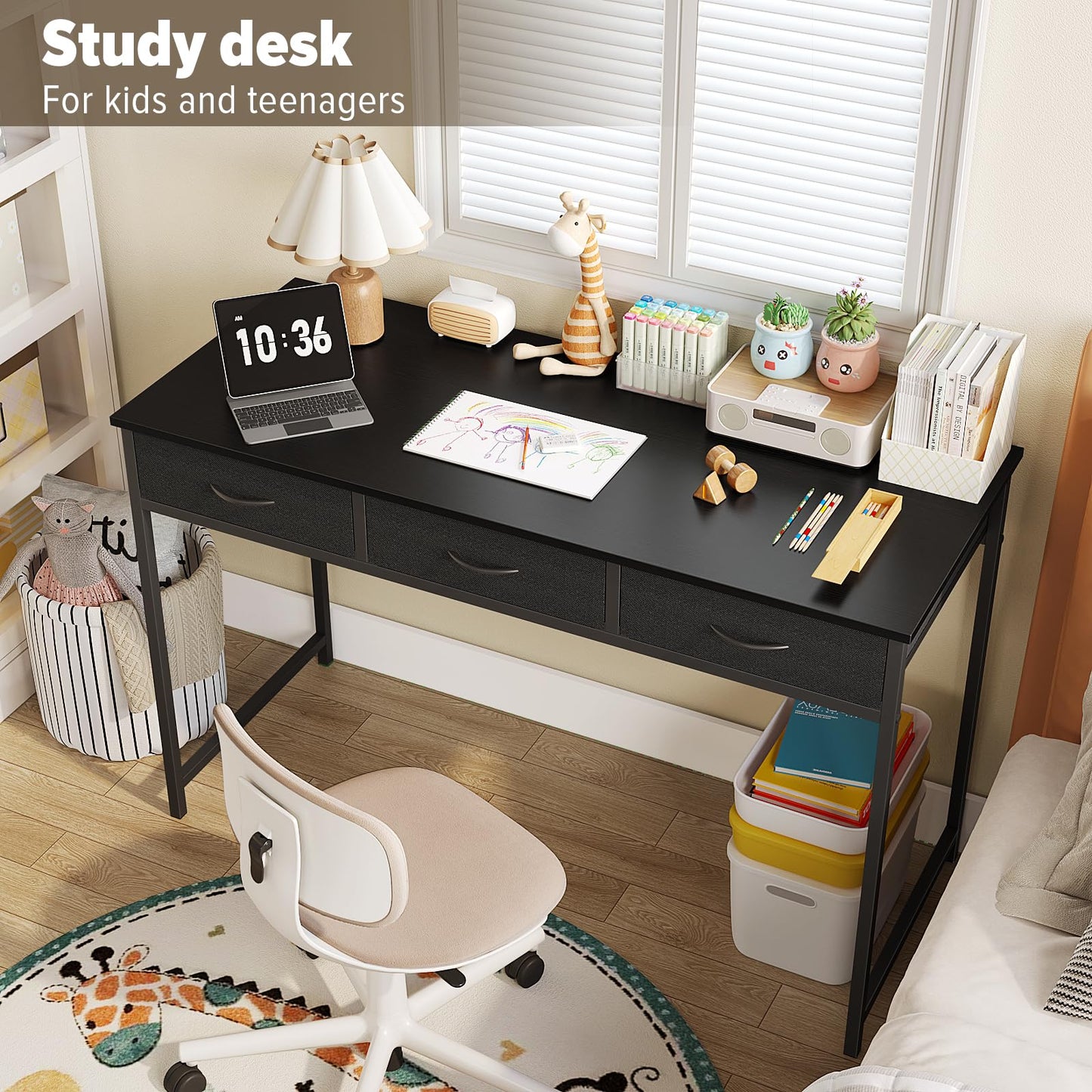 WOHOMO Computer Desk with 3 Drawers, 47.2 Inch Small Vanity Desk with Storage, Home Office Bedroom Desk for Small Spaces, Modern Work Writing Study Gaming Tables, Black