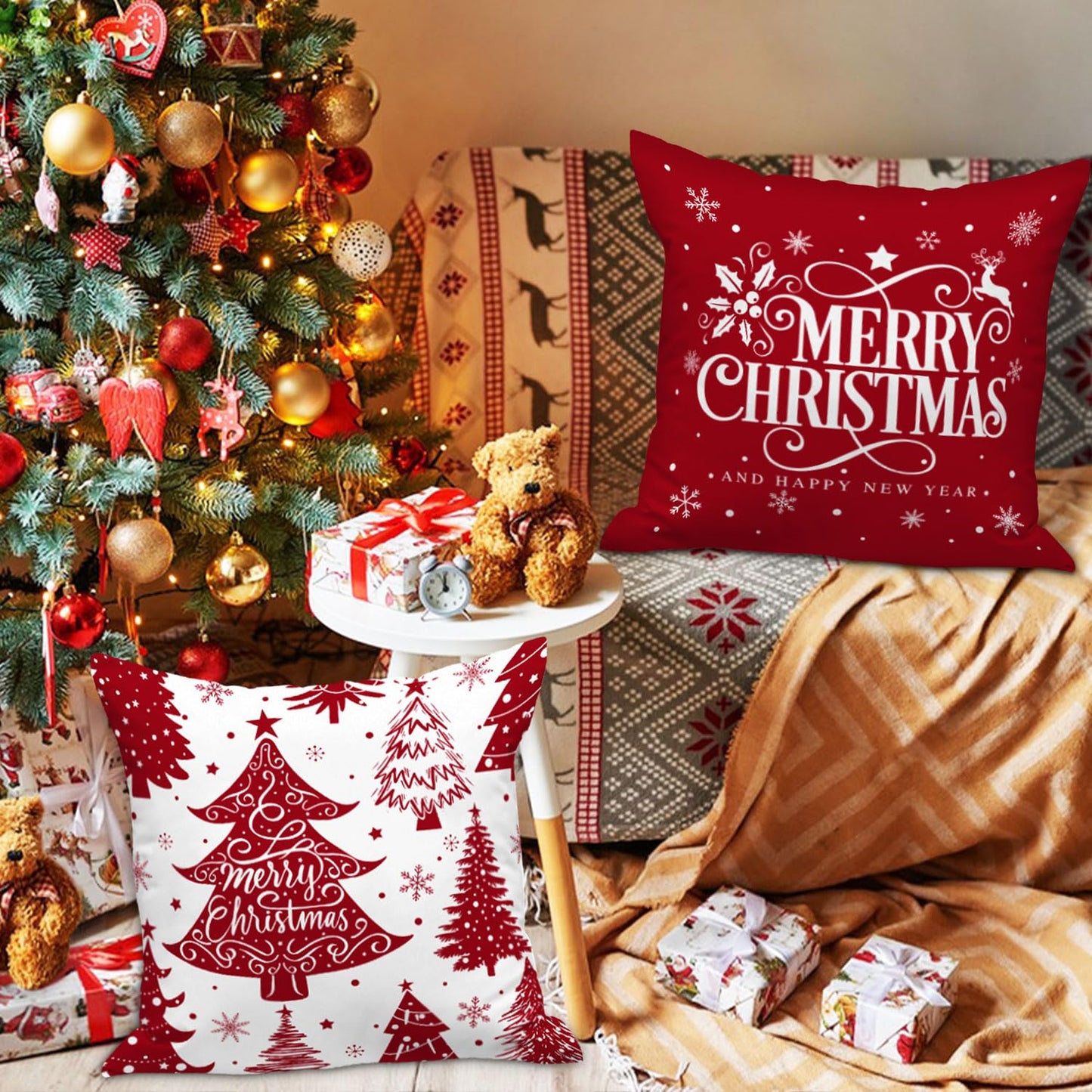 Lanpn White and Red 18x18 Christmas Pillow Covers Set of 4, Decorative 18 Inch Winter Snowflake Throw Pillow Case Xmas Cushion Cover for Indoor House Sofa Red