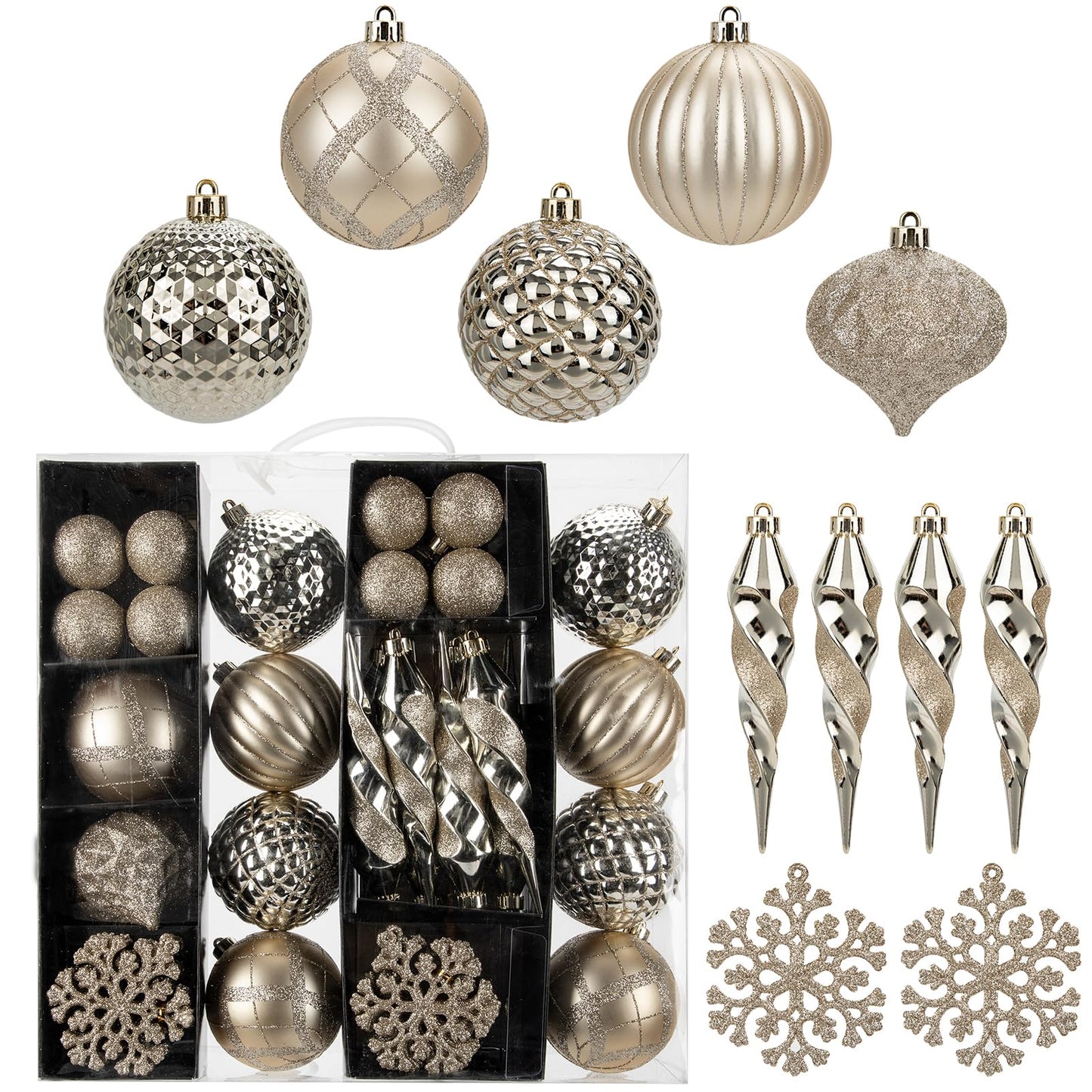 50PCS Christmas Tree Ornaments Set with Shatterproof Balls Icicle Snowflake Hanging Ornaments for Home Office Farmhouse Christmas Decorations, Champagne
