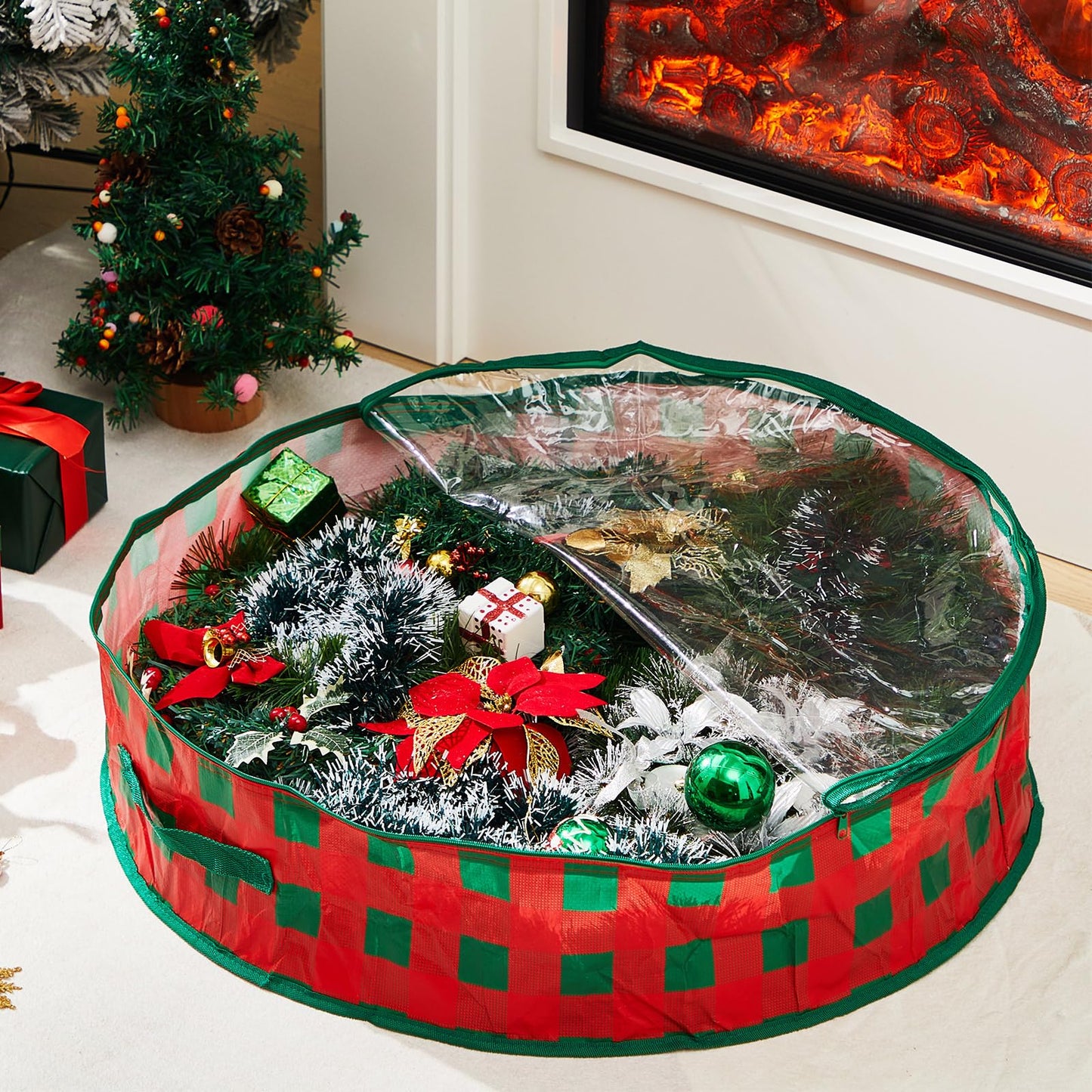 Aliceset 4 Pack Wreath Storage Containers, Ornament Garland Wreath Storage Bags with Handle Zipper Decorative Storages Box for Christmas in July Wreaths(24 x 24 x 7.8 Inch,Red Green Plaid)