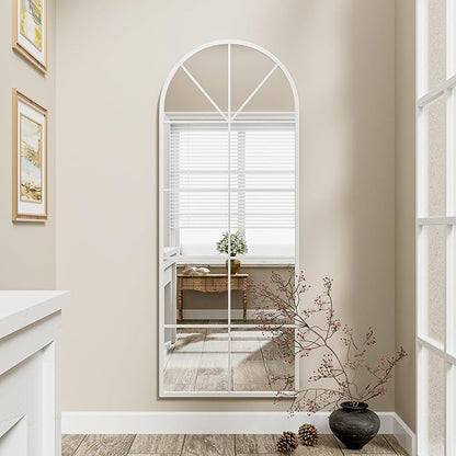 Mirror Full Length, 65"x22" Arched Window Pane Mirrors for Wall Decor, White Full Body or Wall Mounted Mirrors, Farmhouse Standing Mirror Hanging or Leaning for Living Room, Entryway, No Stand