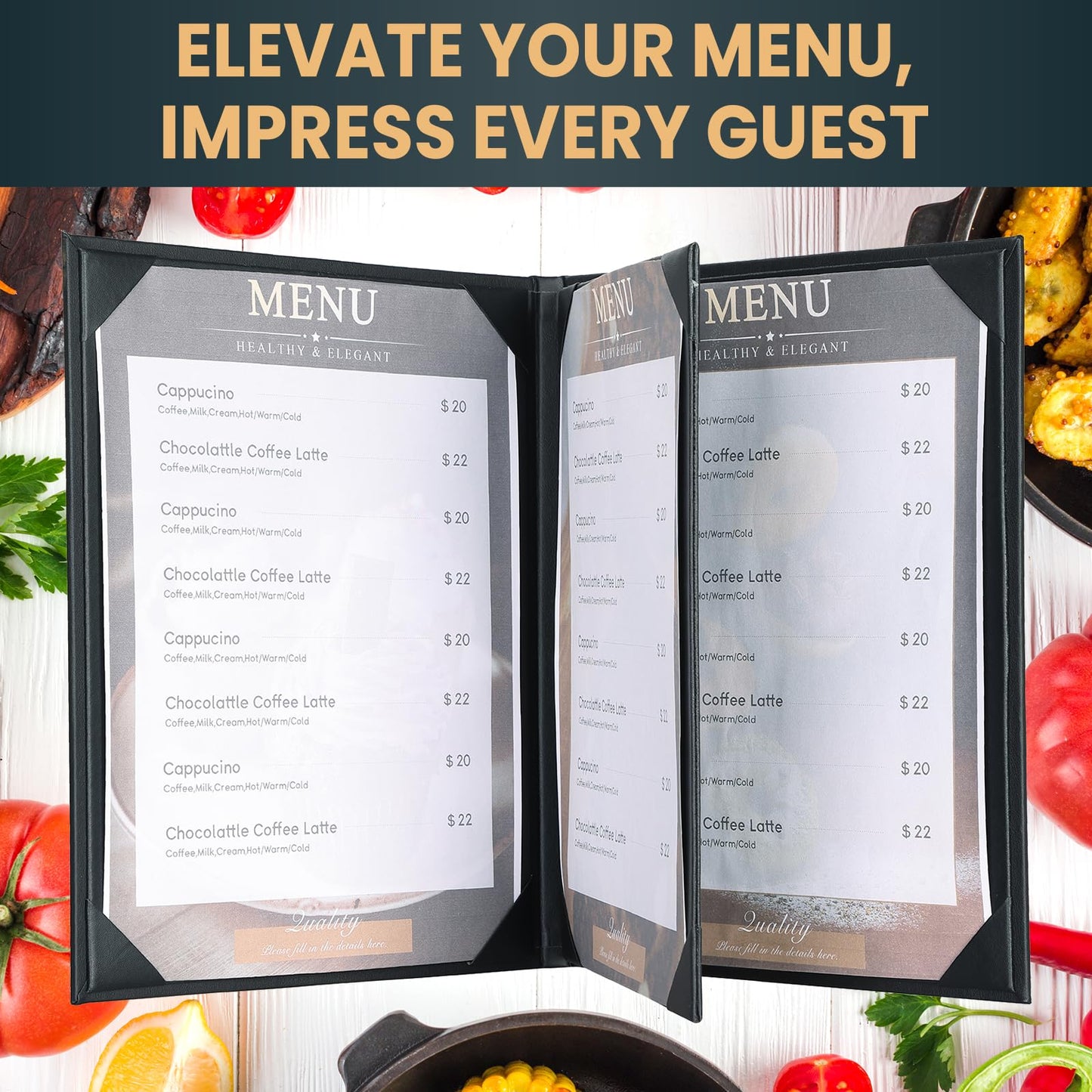 AMGSH 4 View 10 Pack Menu Holder Menu Covers 8.5" x 11" | Certificate Holder Diploma Holder Black Leather Menu Sleeves Book Style for Restaurant Coffee Bars Wine List Fit for Letter Size Paper