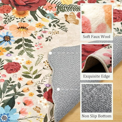 Washable Rugs for Living Room: 8x10 Area Rugs for Bedroom Soft Ultra Thin Stain Resistant Non Slip Low Pile Lightweight Vintage Floral Carpet for Dining Room Decor (Beige)