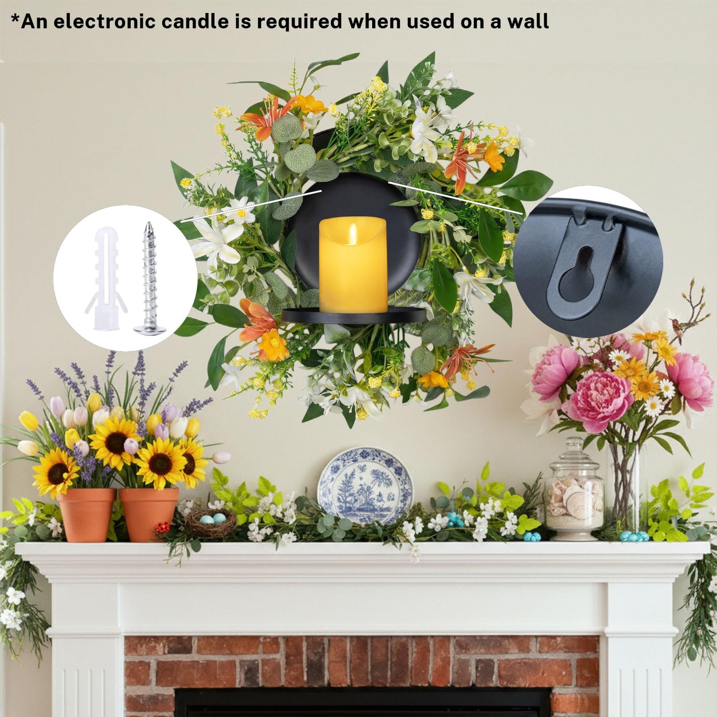 MOYEE Summer Centerpieces for Tables Wreath with Candle Holder,Candle Ring, Black Metal Candlestick with an Artificial Wreaths 14 in Versatile Dining Table Centrepiece (an Orange and White Wreath)