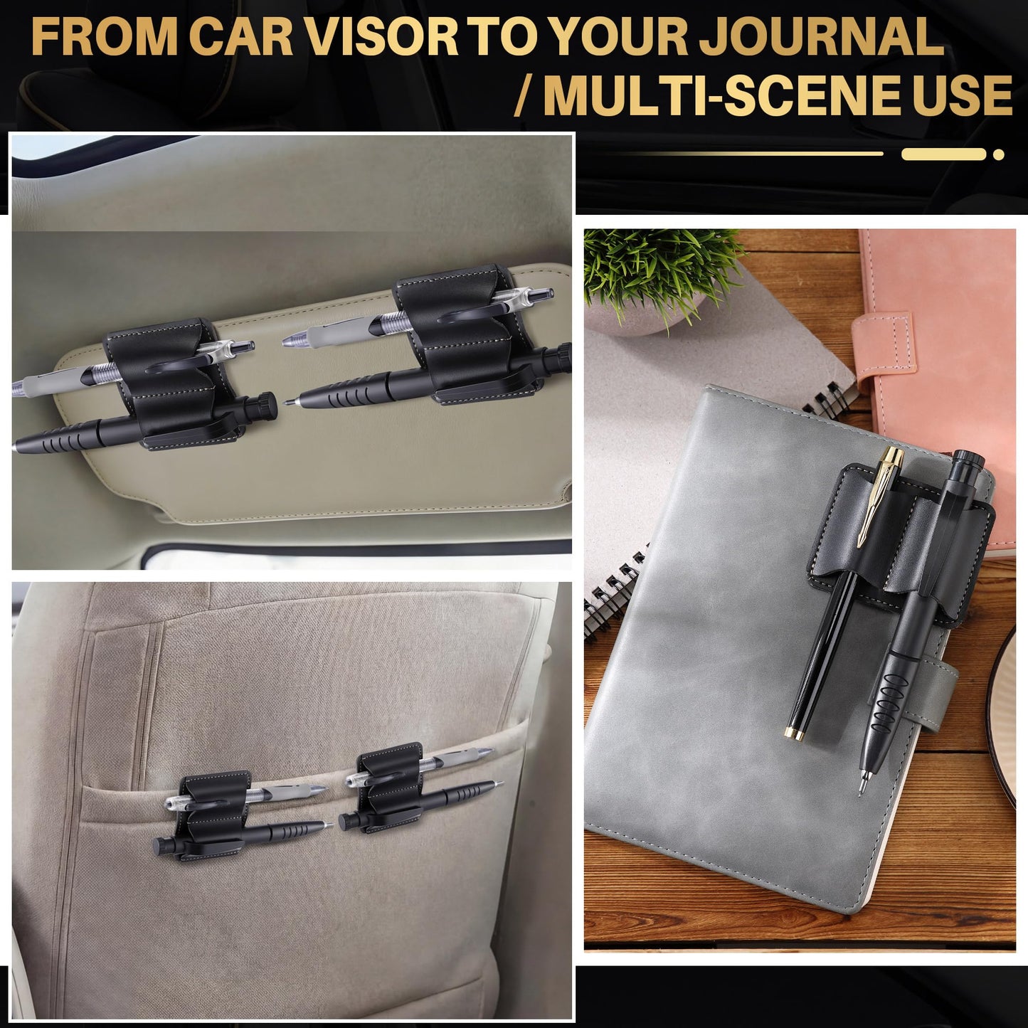 ElectricWise 2 Pack Black Leather Pen Holder for Car - Durable Vehicle Pencil Storage Organizer, Universal Car Pencil Holder Clip for Cars Notebook, Strong Grip Leather Pen Loop for Office & Commute