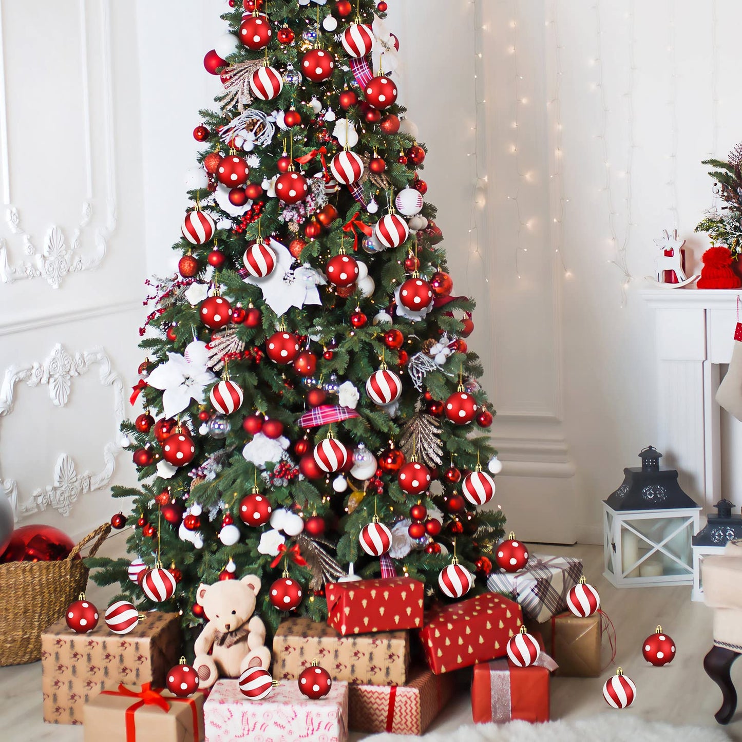 Jetec 12 Pcs Red and White Christmas Balls Ornaments for Tree 2.4 Inch Peppermint Candy Cane Polka Dot Stripes Xmas Bulbs Ornament Shatterproof Bauble Christmas Decorations for Tree Home Wreath Party