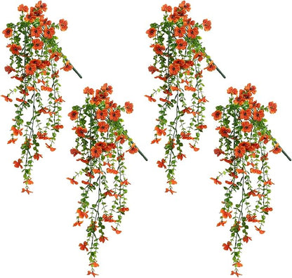Artificial Flowers for Fall Decor, Artificial Hanging Flowers for Outdoors, 4pcs Realistic Faux Daisy Baskets Fake Plants, Autumn Leaves for Thanksgiving Garden Front Porch Courtyard Patio (Orange)