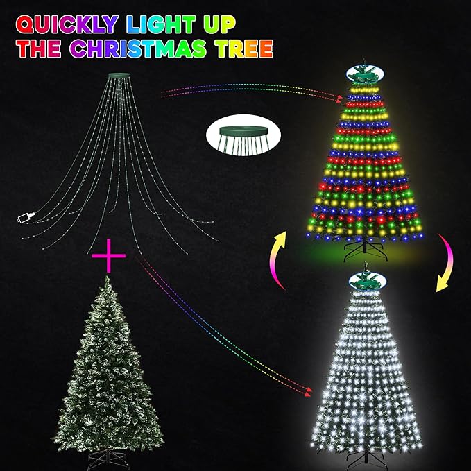 30+ Modes Ring Christmas Tree Lights Indoor Outdoor - 10Ft x 12 Lines 432 LED Easy App Control Color Changing Timer Remote Waterproof for 7.5 8 9 10 11 Ft Xmas Trees (Cool White to Multicolor)