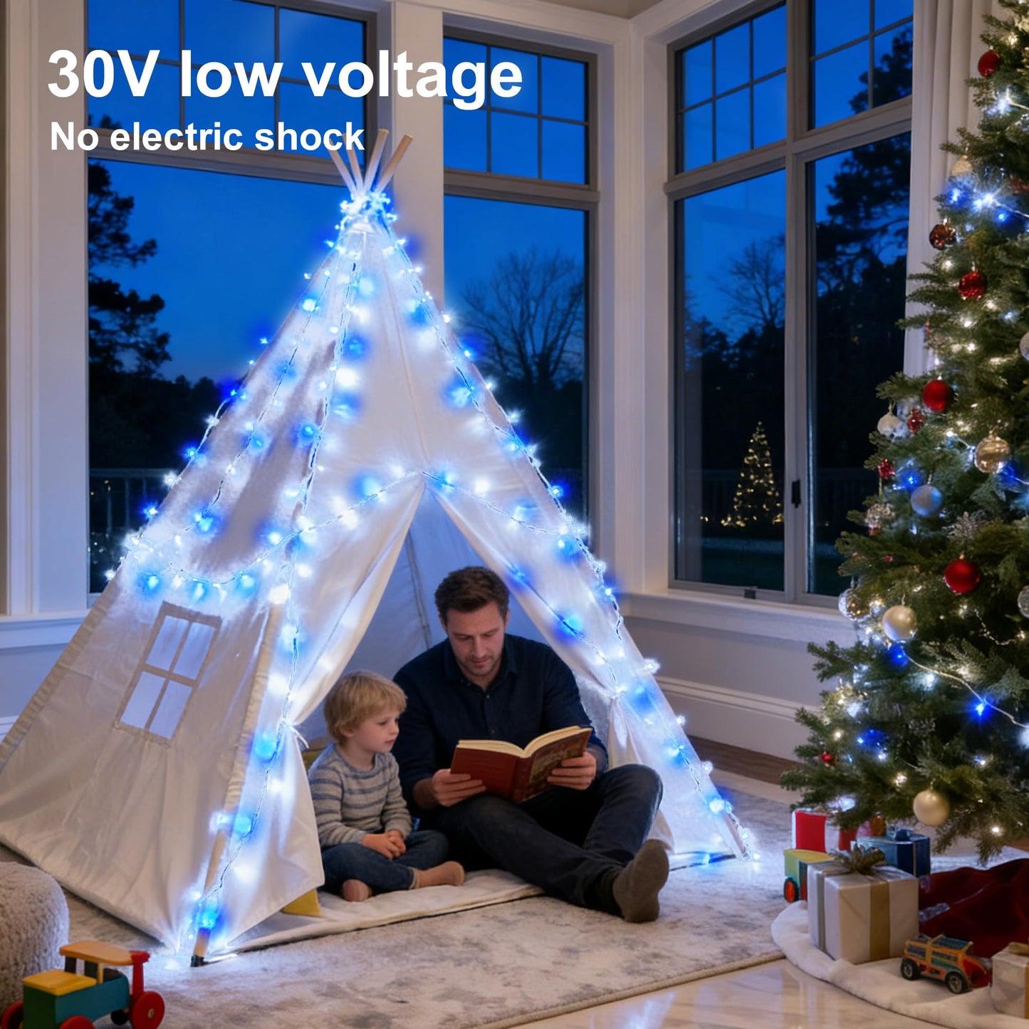 MYGOTO Led String Lights 500LED 165 ft Indoor/Outdoor Fairy String Lights 30V 8 Modes Christmas Lights for Home, Christmas Tree, Wedding Party, Room,Wall Decoration, Indoor&Outdoor(Blue+White)