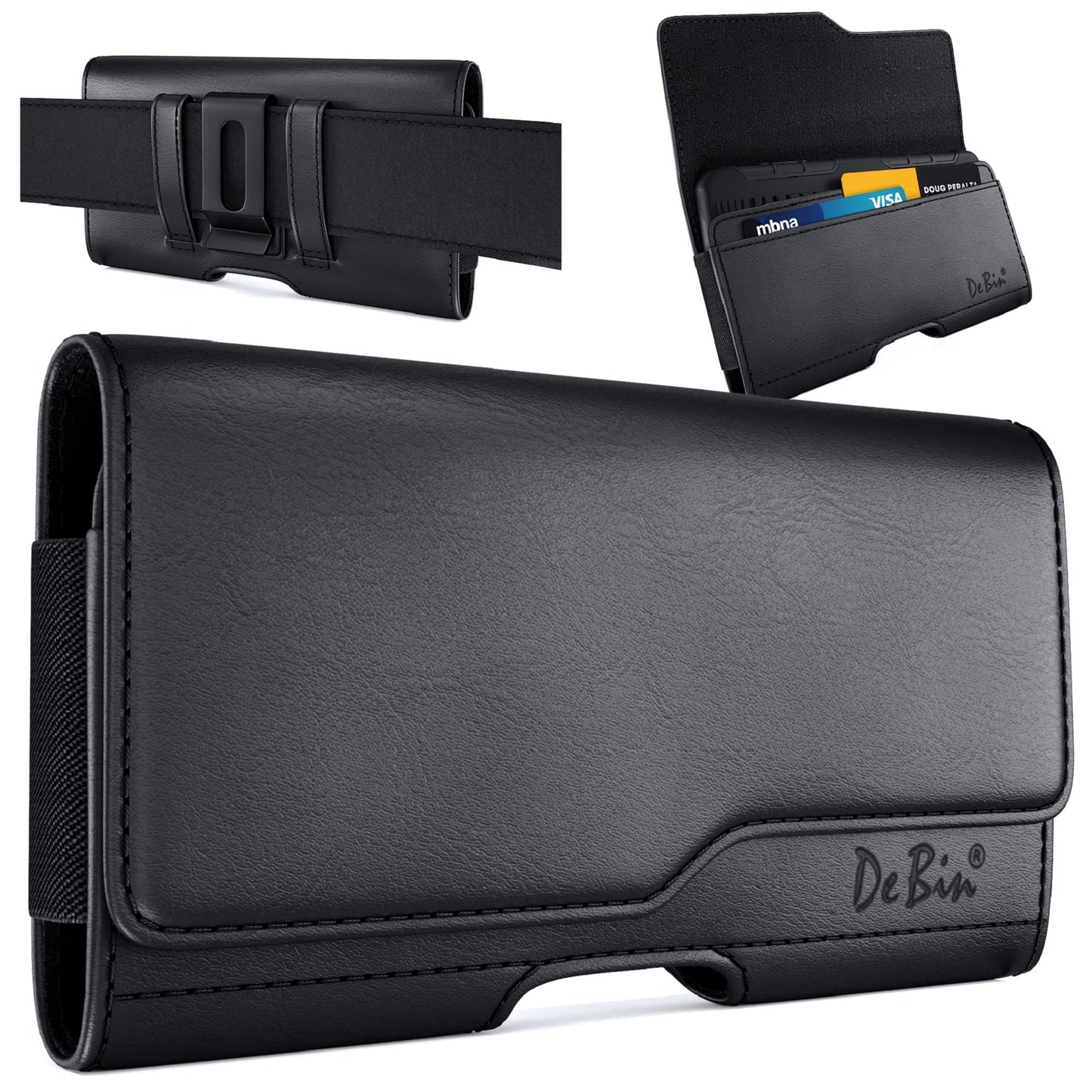 DeBin Cell Phone Belt Case Compatible with Samsung Galaxy Ultra Models (S25 S24 S23 S22 S21), A54/A53/A25/A15, Premium Leather, Magnetic Flap Holster & ID Card Pouch Holder, Black