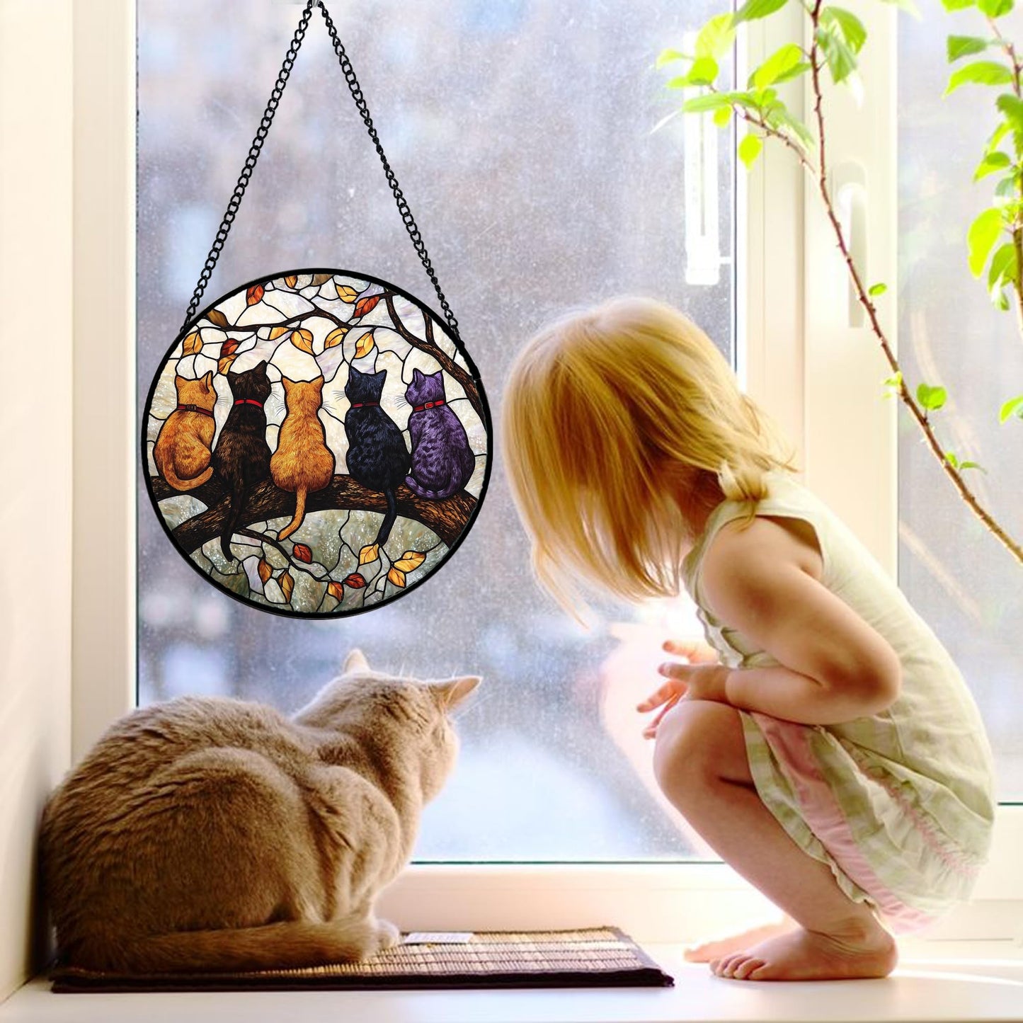 DASTOLL Stained Glass Window Hanging - 5 Cats on a Branch Suncatcher for Window Doors Home Decoration and Christmas, Mother's Day Father's Day Birthday Gifts for Women, Men, and Mom 7.8x7.8 in