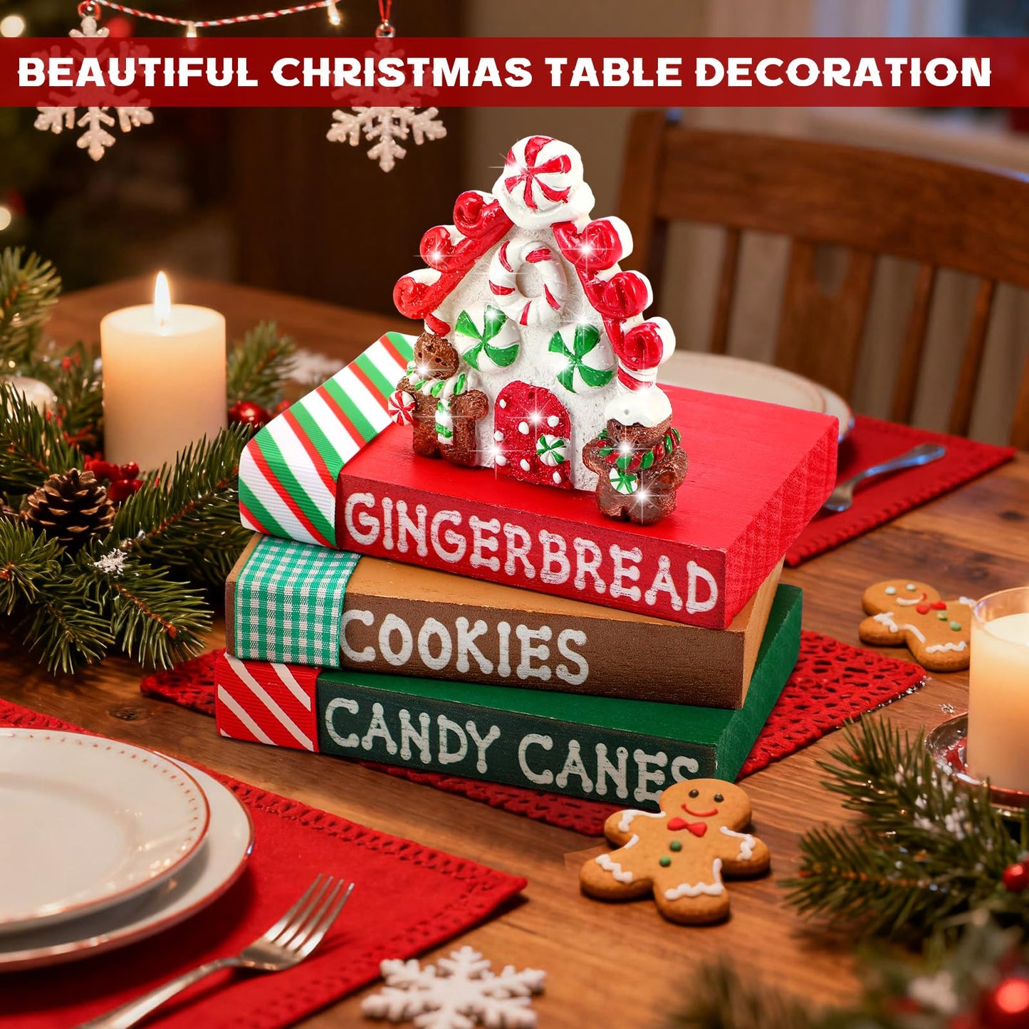 Bucherry Christmas Table Decoration Resin Gingerbread House Tiered Tray Decor Wood Rustic Gingerbread Block Signs Ribbon Book Stacks Christmas Centerpiece Decorative Tray for Farmhouse Home Shelf Gift