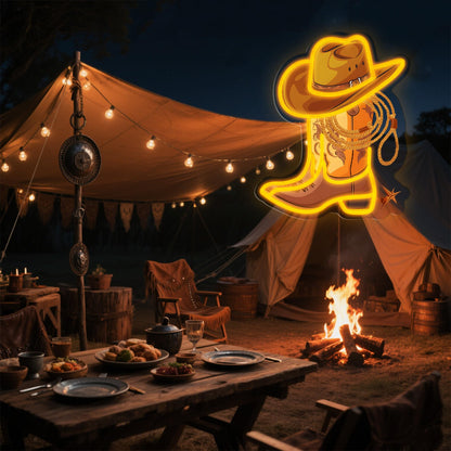 Cowboy Boot with Hat Lasso Neon Signs for Wall Decor, Led Pink Cowgirl Boot Neon Sign, Aesthetic Western Wall Art, Cowboy LED Sign for Room Bedroom Party Bar Decor Birthday Christmas Gifts (Golden)