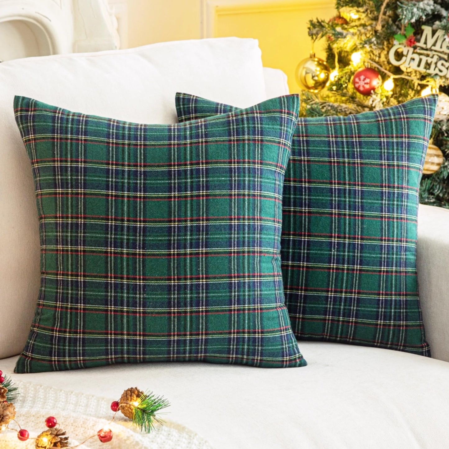 AQOTHES Pack of 2 Christmas Plaid Decorative Throw Pillow Covers Scottish Tartan Cushion Case for Farmhouse Home Holiday Decor Green and Blue, 22 x 22 Inches
