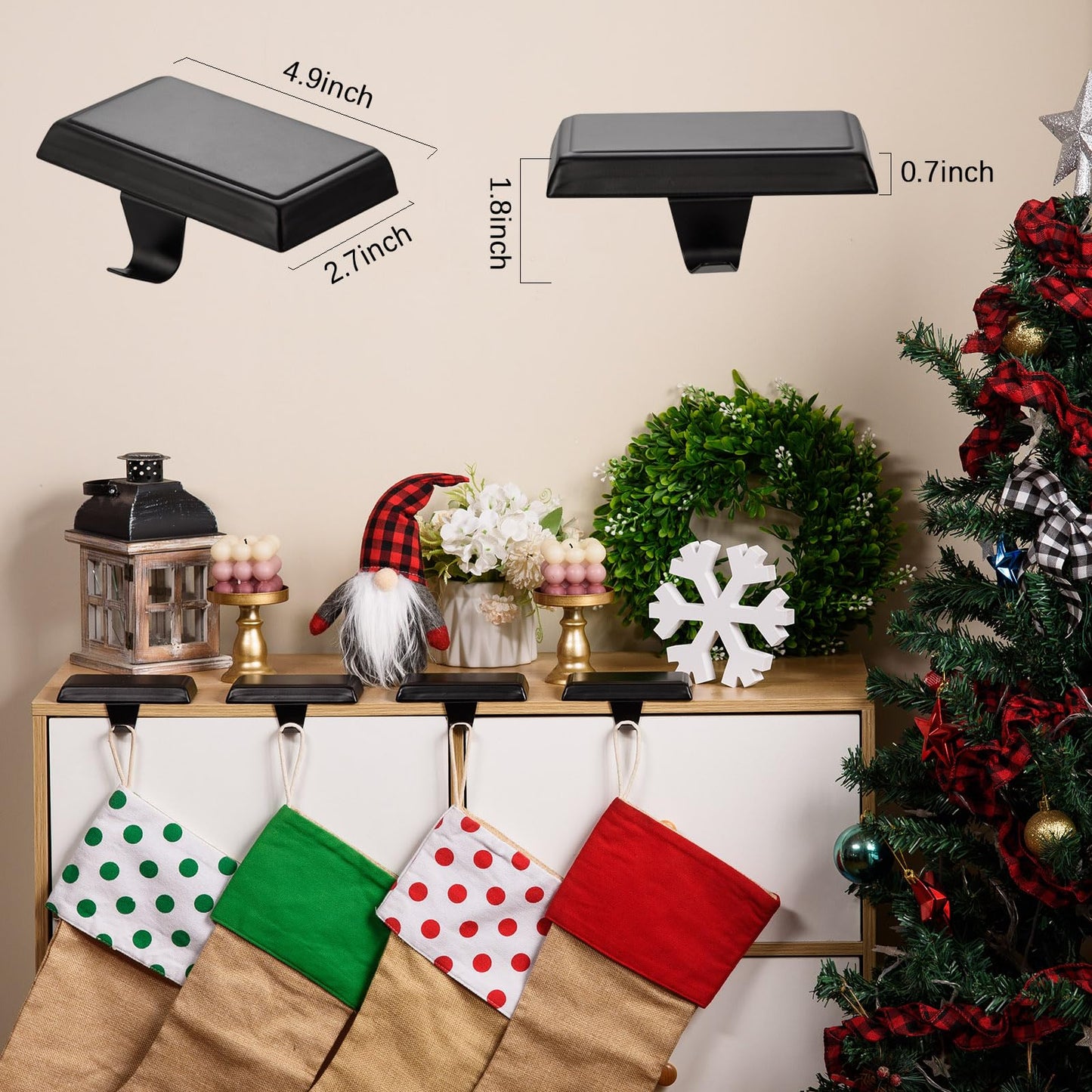 Festanlee 4 Pack Christmas Stocking Holders Ornament Hooks Mantel Weighted Stocking Hangers Metal Hanging Hooks Heavy Duty Stocking Holders Bases for Mantel Fireplace Party Decoration (Black, 4)