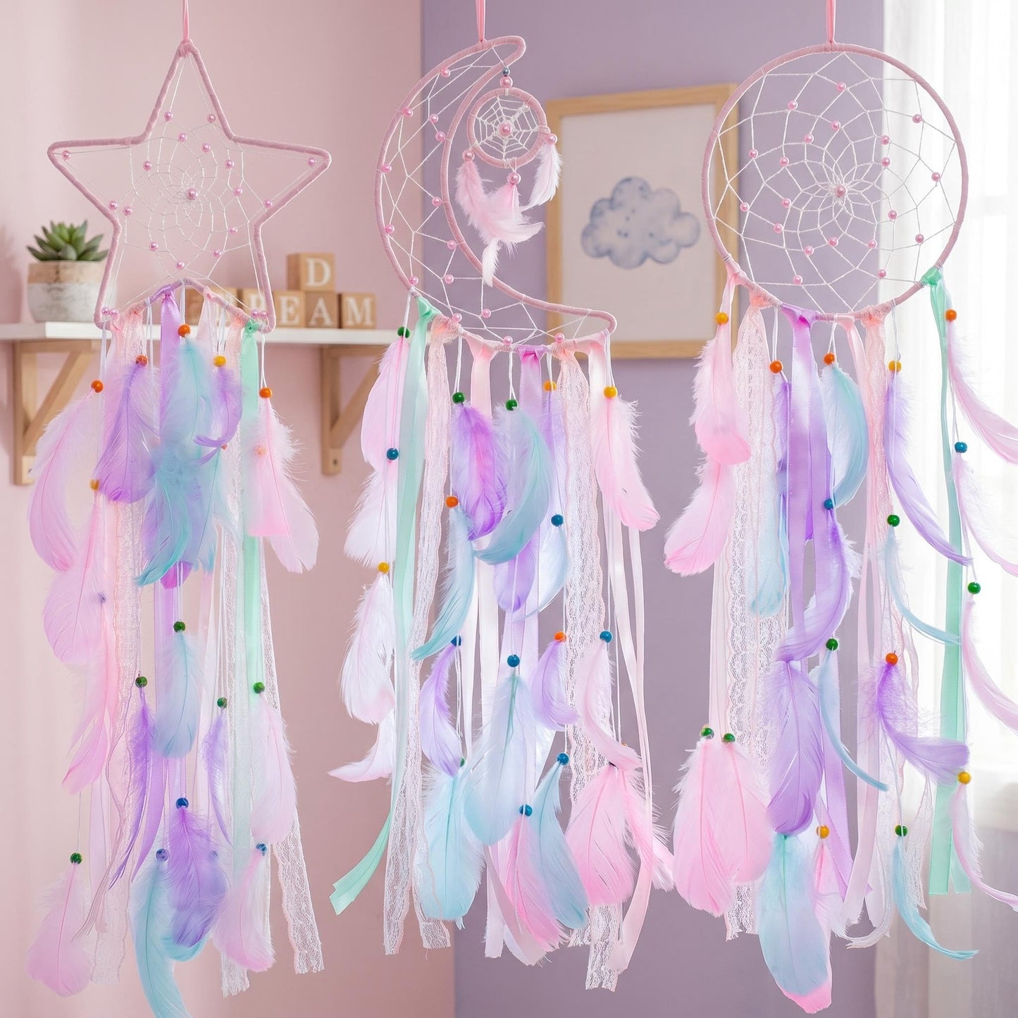 3 Pack Pink Star Moon Sun Dream Catcher - Pink Dream Catchers for Girls, Teen Girl Room Decor, Grils Bedroom Decoration