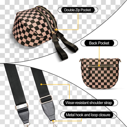 Checkered Crossbody Bag,Nylon Bum Bags for Women Crossbody,Spacious Sling Bag Purse Fanny Packs with Shoulder Strap