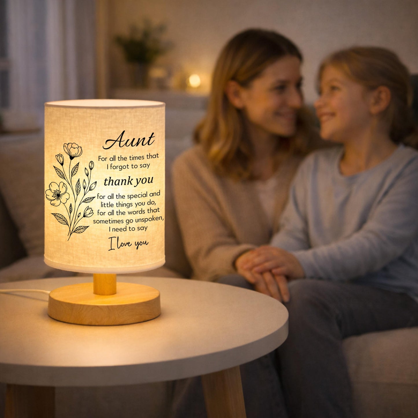 YVKC Aunt Lamp Gifts from Niece, Fabric Bedside Table Lamp with Wooden Stand, Birthday Mothers Day Gifts from Nephew, Desk Lamp Home Decor (Aunt, 1)