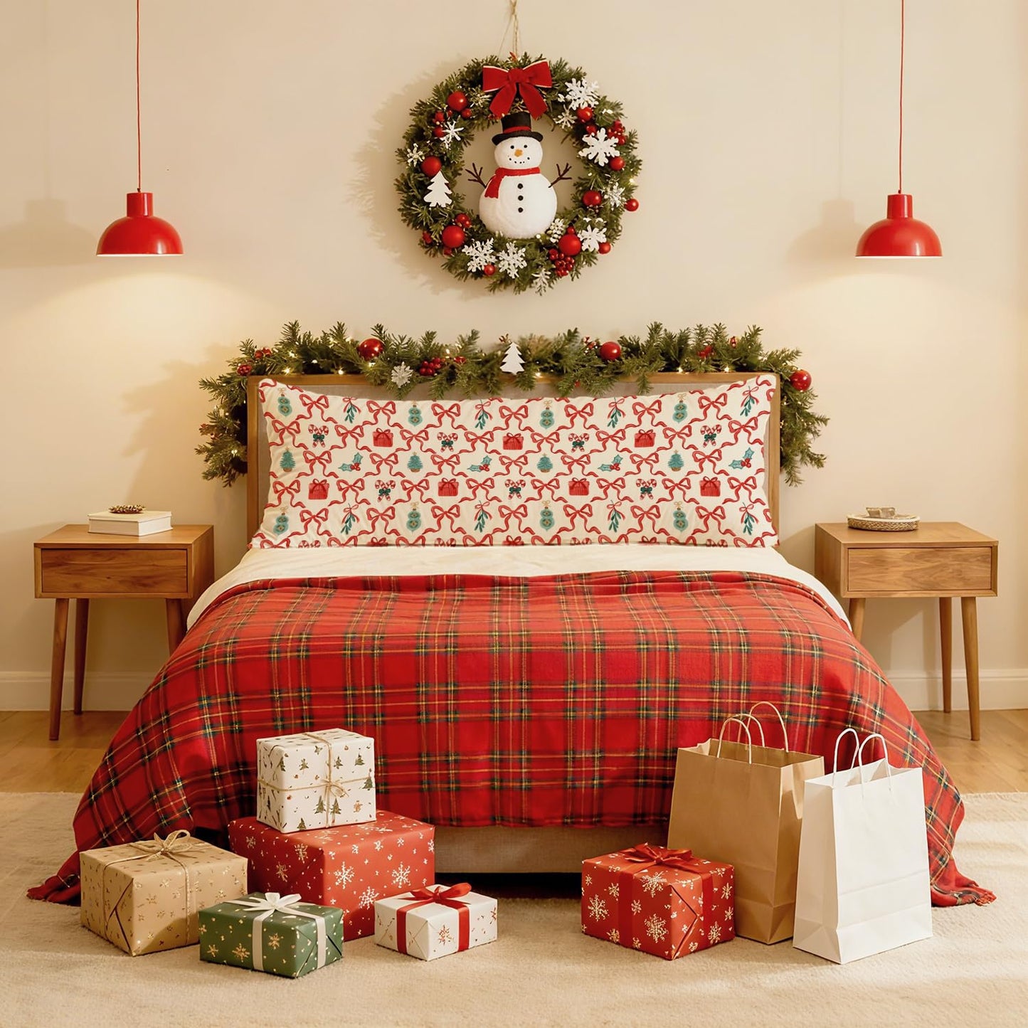PIUD Coquette Red Bow Christmas 20x54 Body Pillow Cover, Preppy Christmas Decor, Red and Green Xmas Candy Cane Holly Berries Decorative Long Body Pillow Cases for Bed Couch