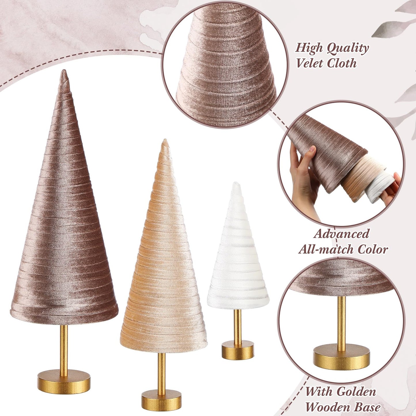 Hoolerry 6 Pcs Christmas Velvet Trees with Gold Pedestal Christmas Velvet Cones Tree Mantel Decor Modern Rustic Winter Home Minimalist for Holiday Entryway Table Wedding Centerpiece(Gold Brown)