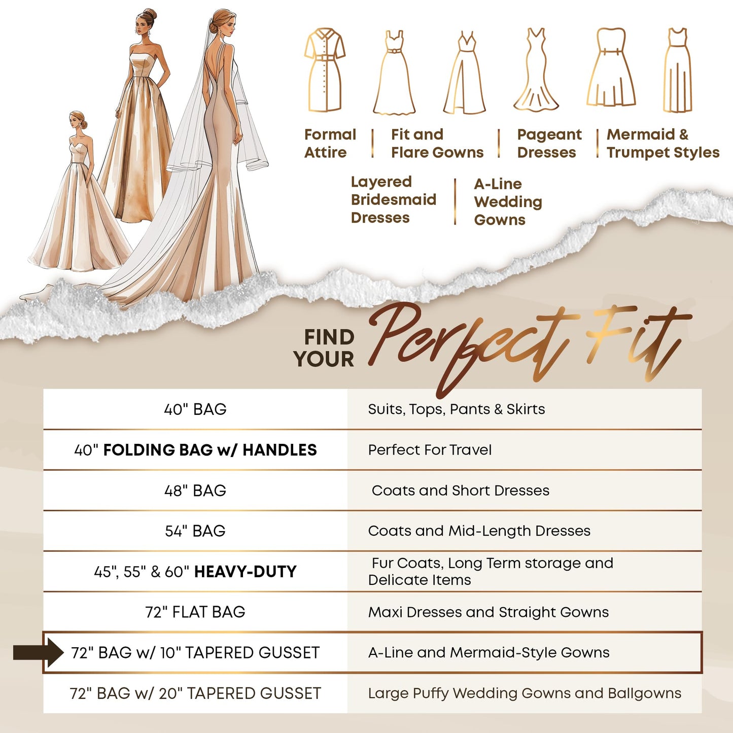 Your Bags Women’s Dress and Gown Garment Bag -72”x24” and 10” Tapered Gusset Prom Bags (Black/White Dress Print)