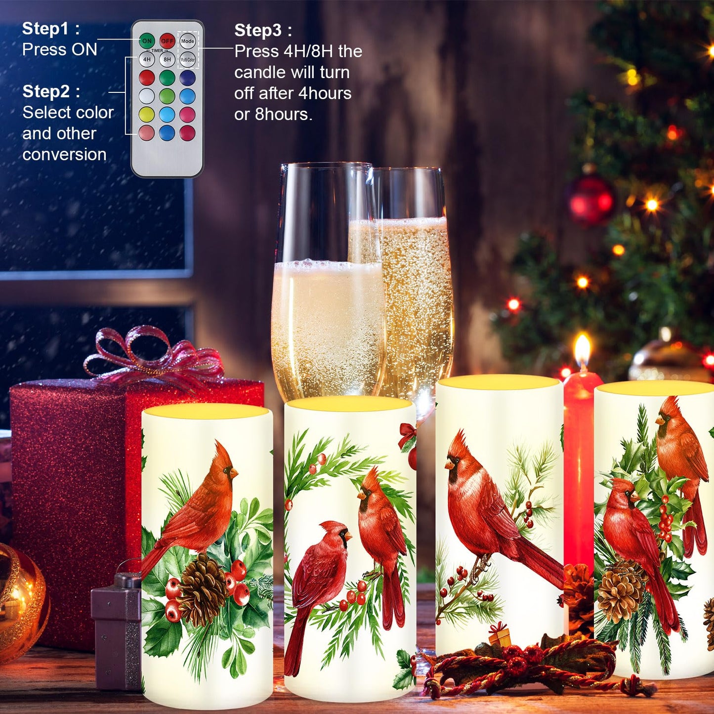 Tiamon 4 Pcs Christmas Red Bird Candles LED Bird Theme Flameless Candles Set LED Warm Light Flickering Xmas Pillar Decor for Holiday Table Decorations