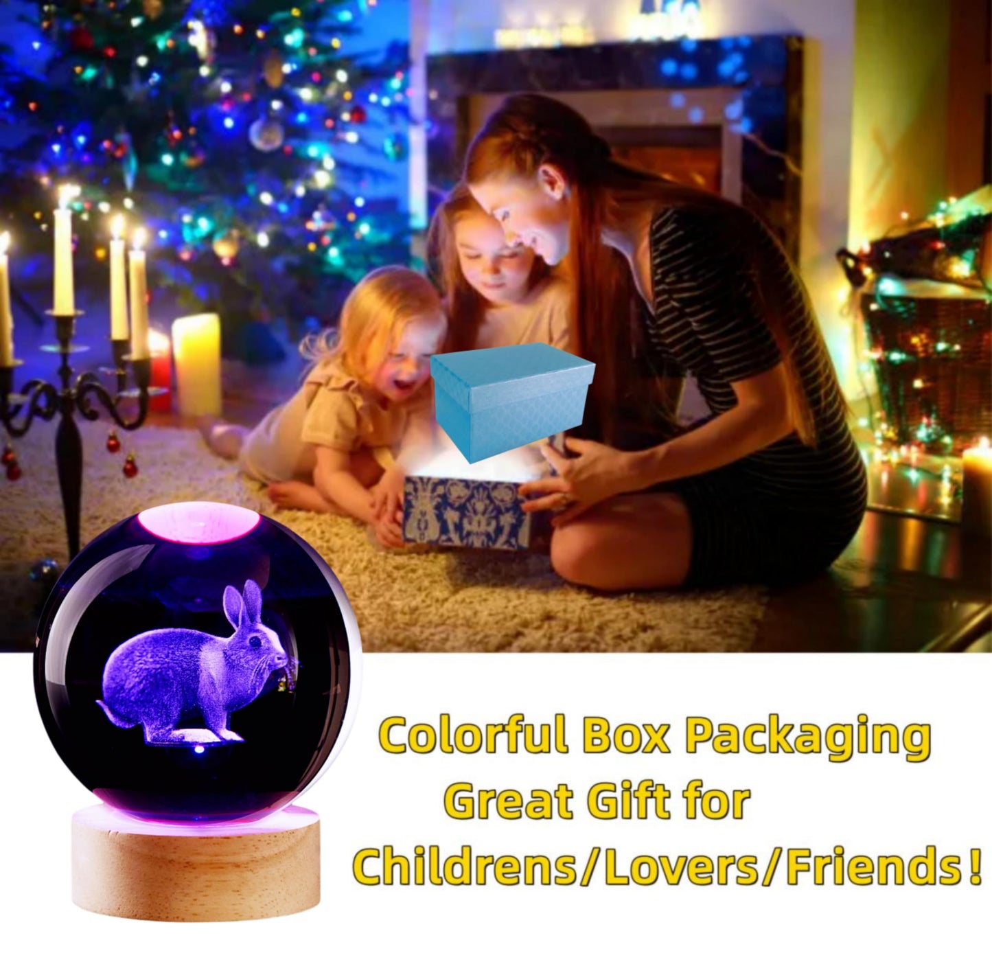 3D Crystal Ball Lamp with Lifelike LED Rabbit, 16 Color Changing Light, Dimmable Remote Control