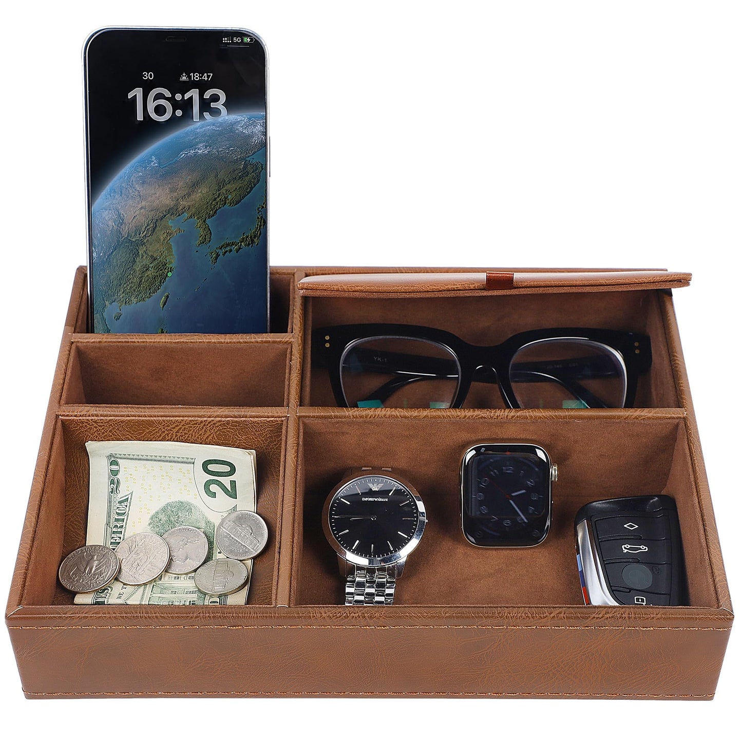 Zcaukya Men's Valet Tray, Jewelry Box Nightstand Organizer with 5 Compartments for Phone Keys Wallet Watch Glasses, Faux Leather Dresser Entryway Catchall Holder for Father's Day Gift (Brown)