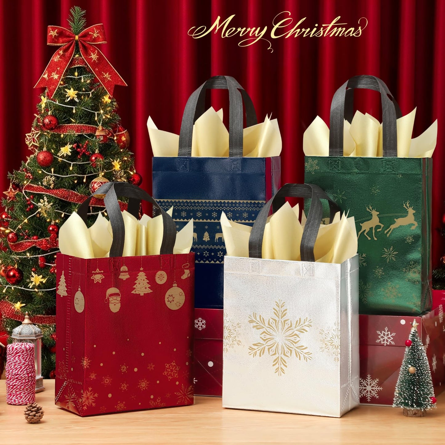 STYPOP 32 Pack 10" Christmas Gift Bags Medium Size with Tissue Paper, Reusable Non-Woven Christmas Tote Bags with Handles, Perfect for Holiday Gift Wrap/Party Favor Supplies, 10.2" × 8.3" × 4"