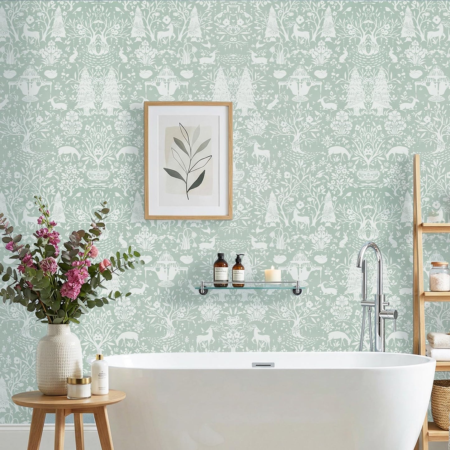 WENMER Forest Animal Wallpaper, 17.7" x 590" Green and White Contact Paper, Woodland Peel and Stick Wallpaper with Deer Rabbit Fox, Self Adhesive Removable Wall Paper for Living Room Bedroom Nursery